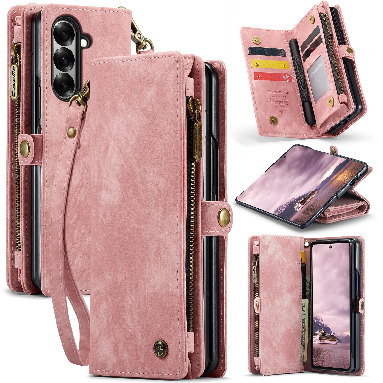 Samsung Galaxy Z Fold 7 Romslig lommeboketui med mange kortlommer, Rosa