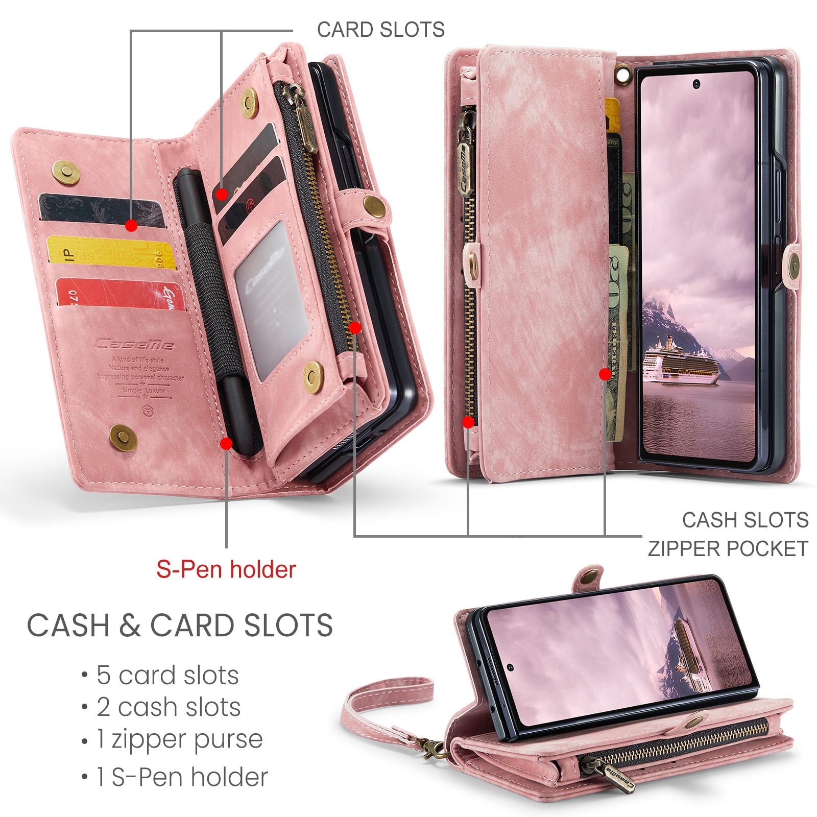 Samsung Galaxy Z Fold 7 Romslig lommeboketui med mange kortlommer, Rosa