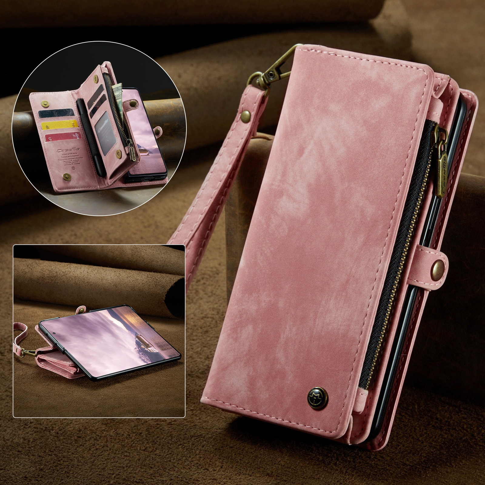 Samsung Galaxy Z Fold 7 Romslig lommeboketui med mange kortlommer, Rosa
