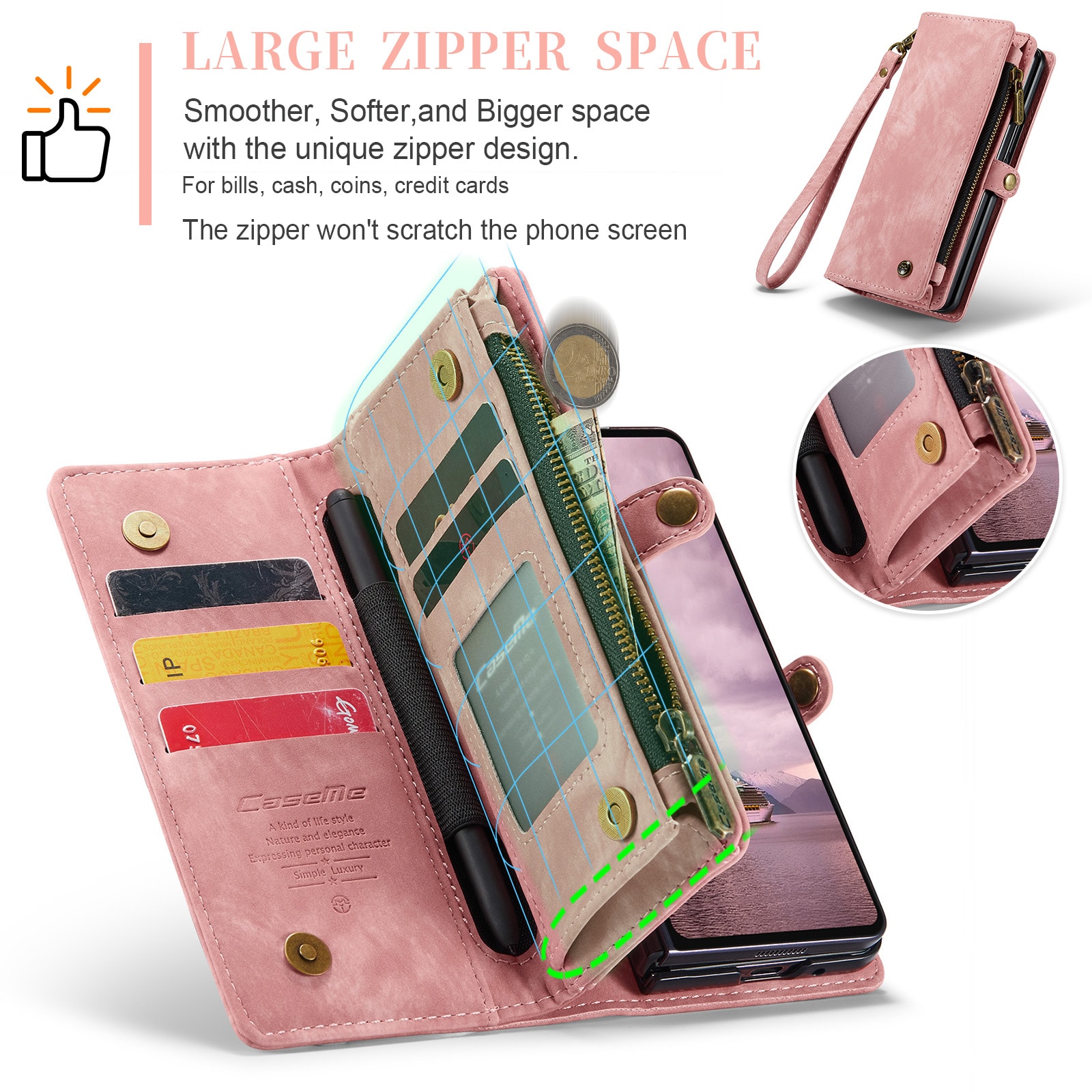 Samsung Galaxy Z Fold 7 Romslig lommeboketui med mange kortlommer, Rosa