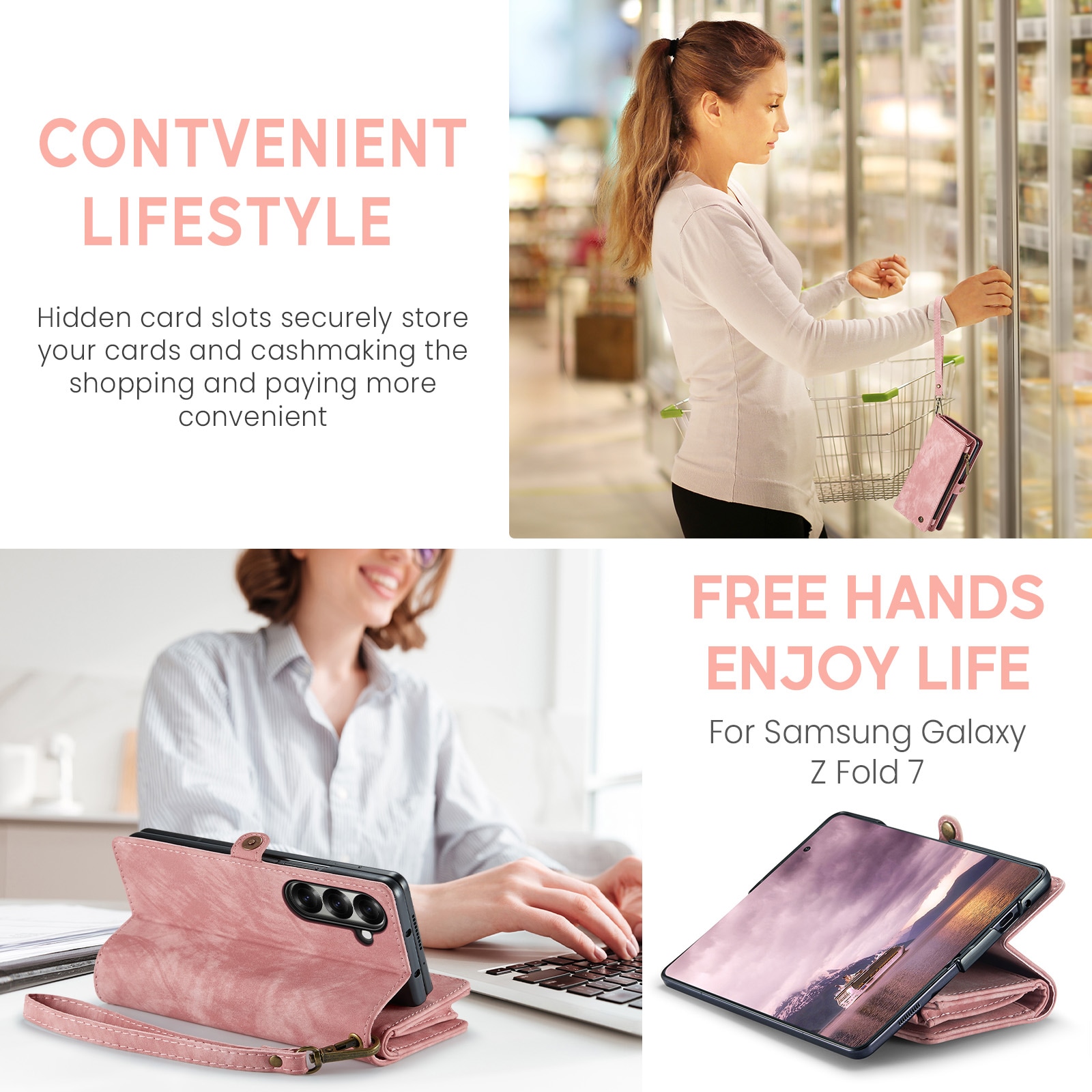 Samsung Galaxy Z Fold 7 Romslig lommeboketui med mange kortlommer, Rosa