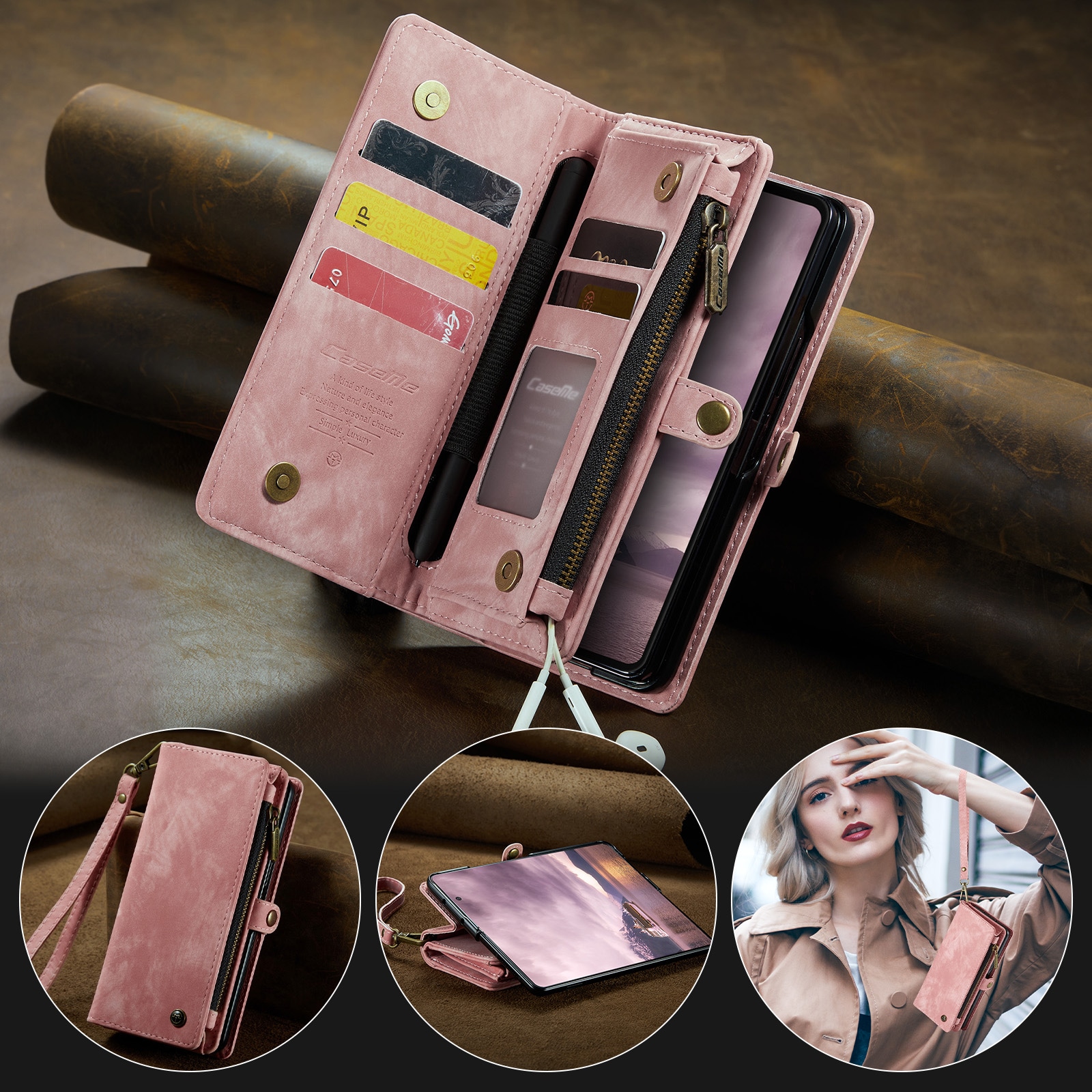 Samsung Galaxy Z Fold 7 Romslig lommeboketui med mange kortlommer, Rosa