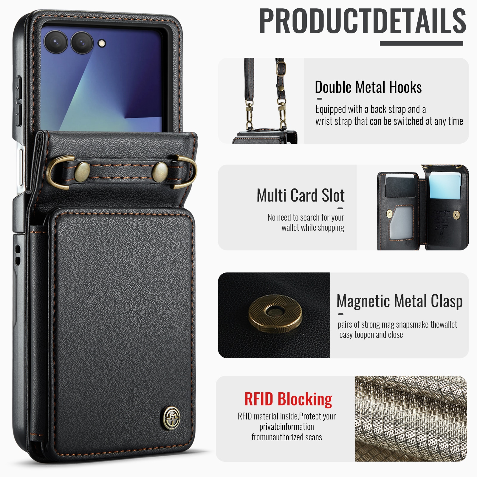 Samsung Galaxy Z Flip 7 Deksel med innebygd lommebok og RFID-beskyttelse Svart