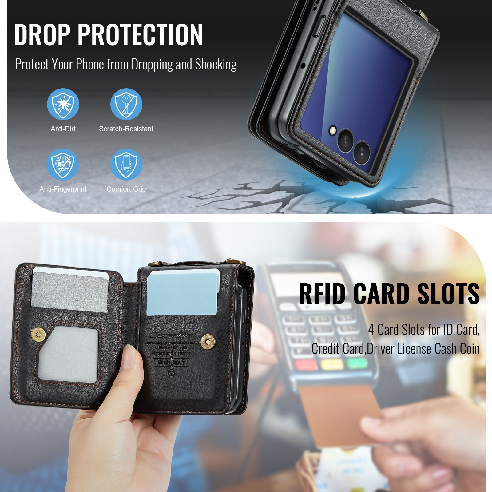 Samsung Galaxy Z Flip 7 Deksel med innebygd lommebok og RFID-beskyttelse Svart