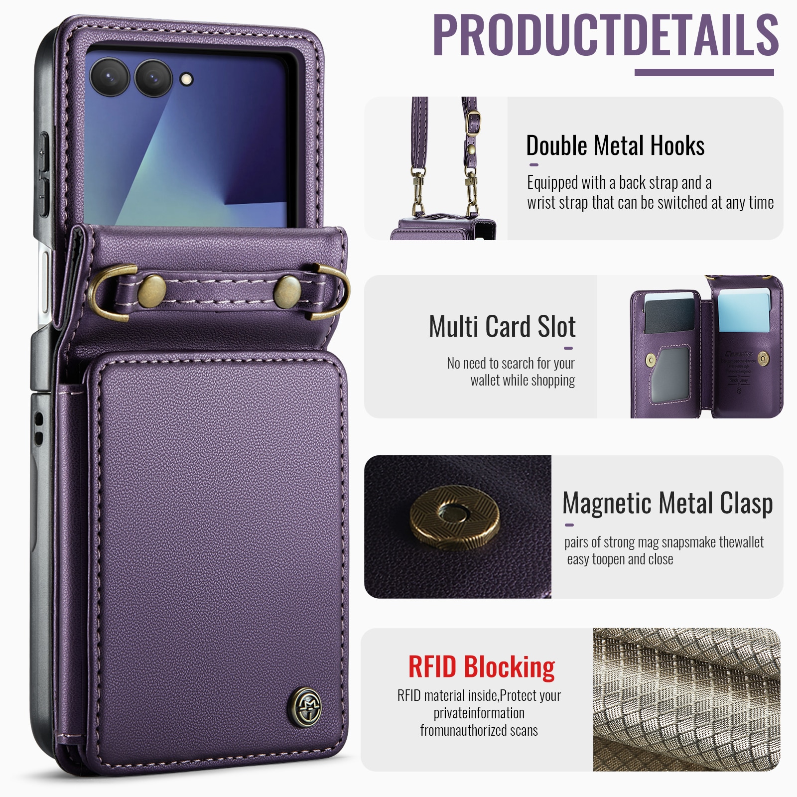 Samsung Galaxy Z Flip 7 Deksel med innebygd lommebok og RFID-beskyttelse Lilla