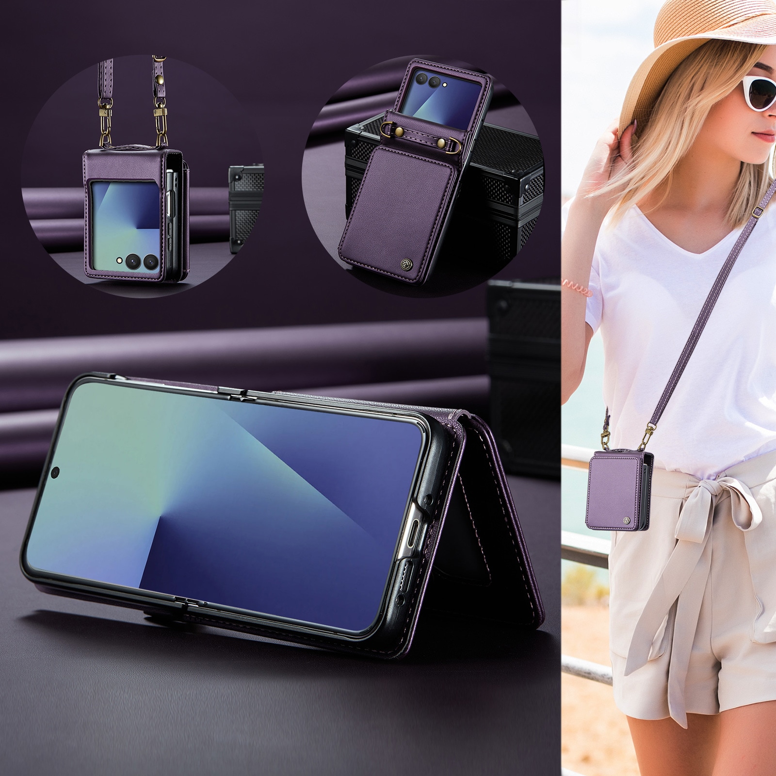 Samsung Galaxy Z Flip 7 Deksel med innebygd lommebok og RFID-beskyttelse Lilla