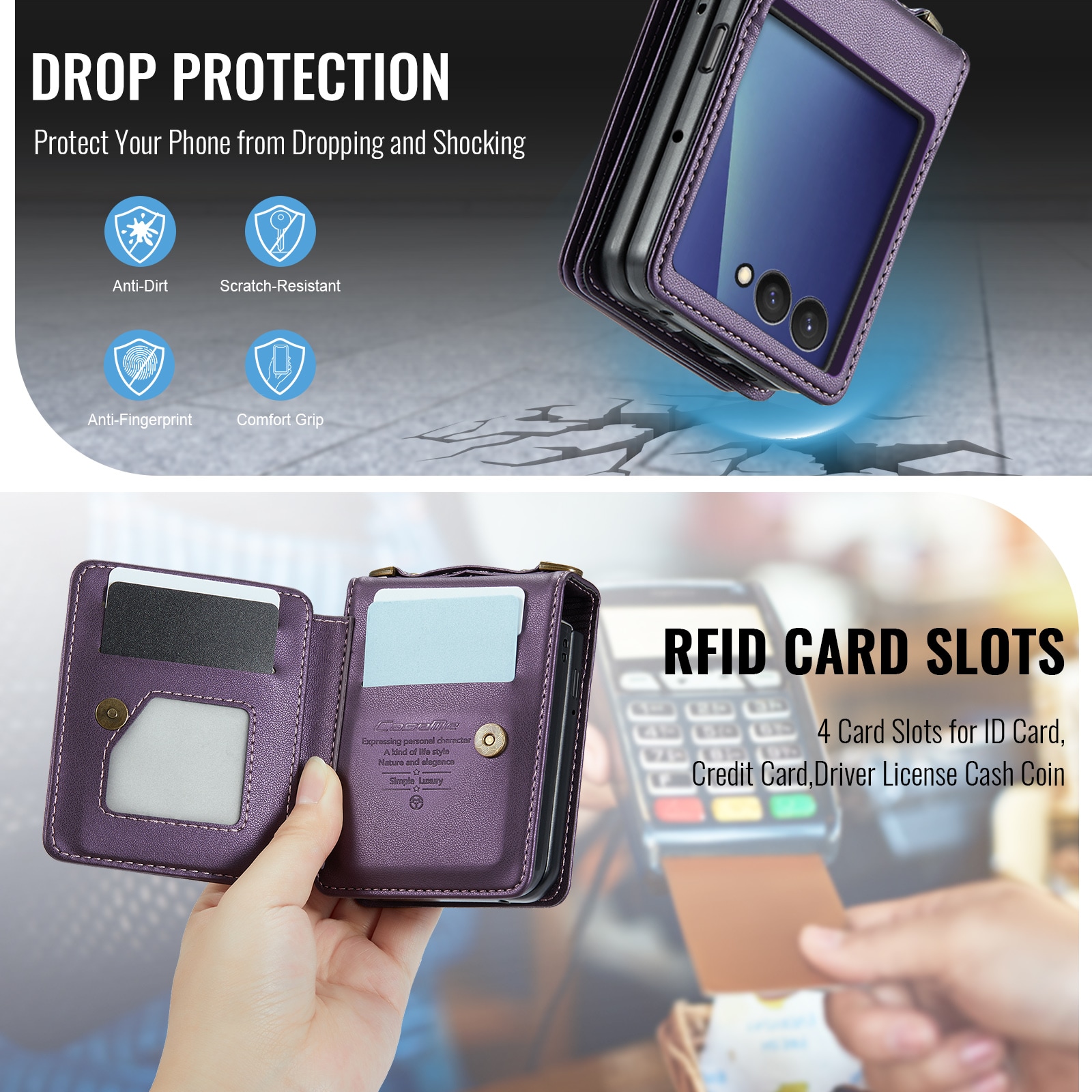 Samsung Galaxy Z Flip 7 Deksel med innebygd lommebok og RFID-beskyttelse Lilla