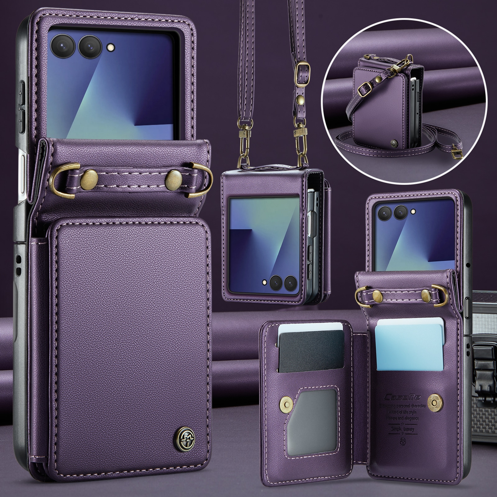Samsung Galaxy Z Flip 7 Deksel med innebygd lommebok og RFID-beskyttelse Lilla