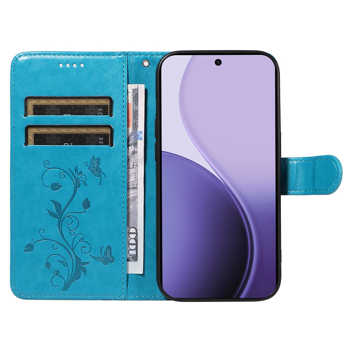 Oppo Reno 14 Mobiletui med sommerfugler, Blå