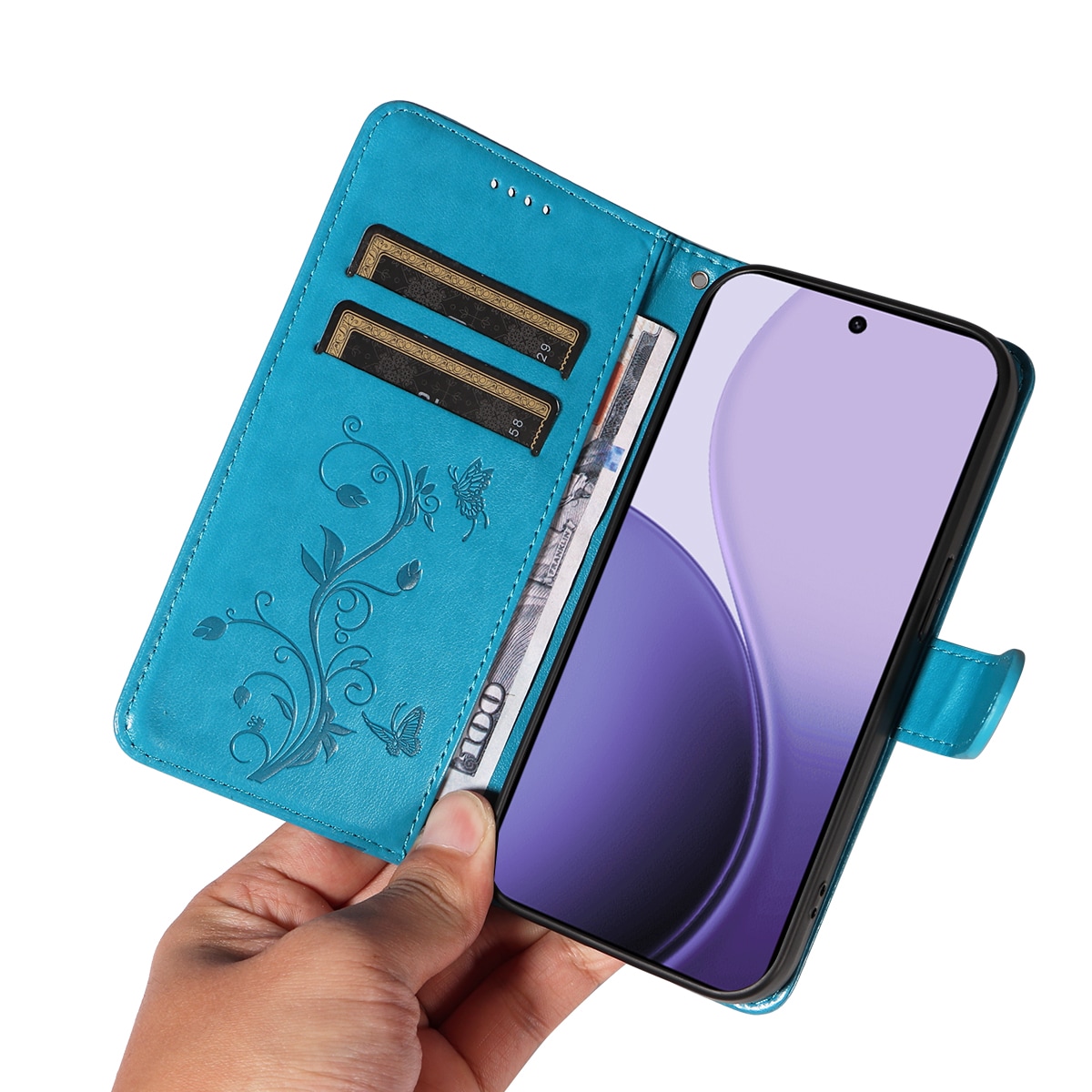 Oppo Reno 14 Mobiletui med sommerfugler, Blå