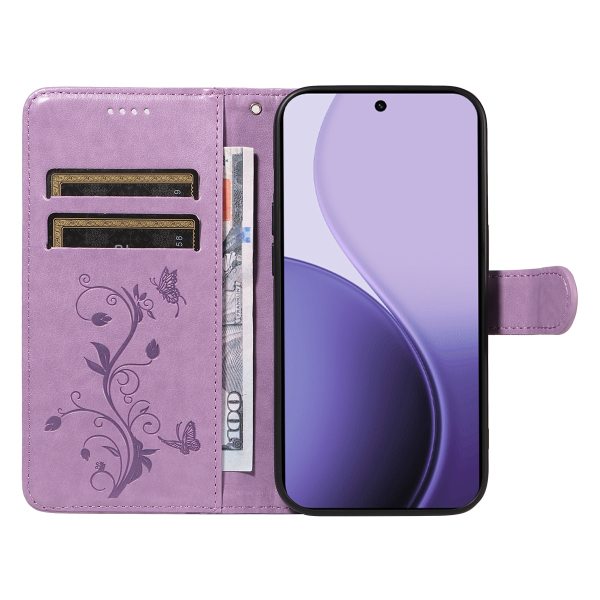 Oppo Reno 14 Mobiletui med sommerfugler, Lilla