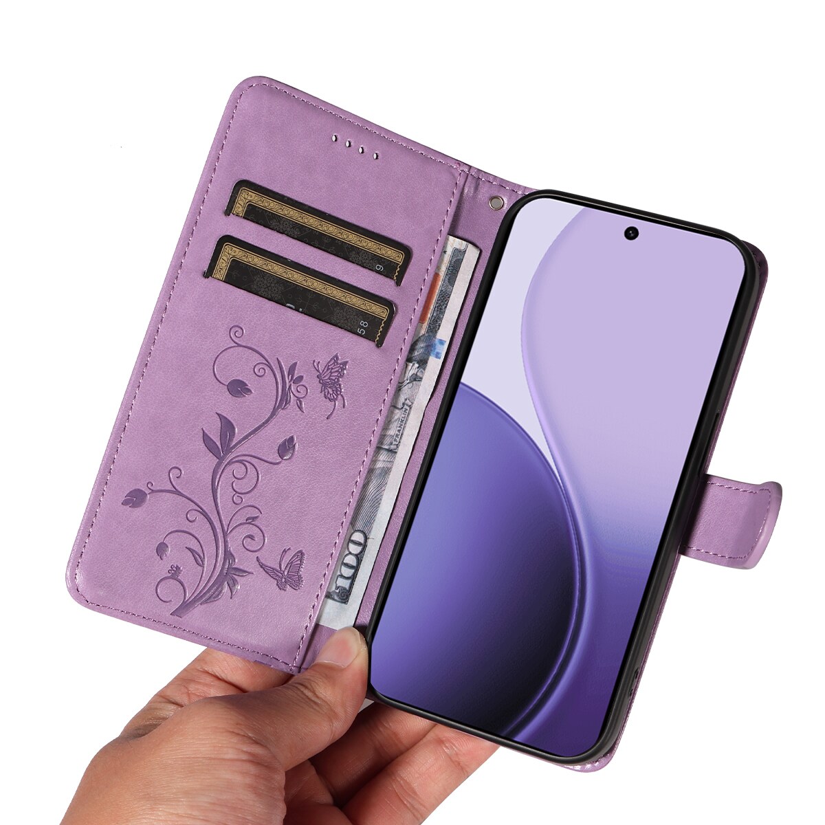 Oppo Reno 14 Mobiletui med sommerfugler, Lilla