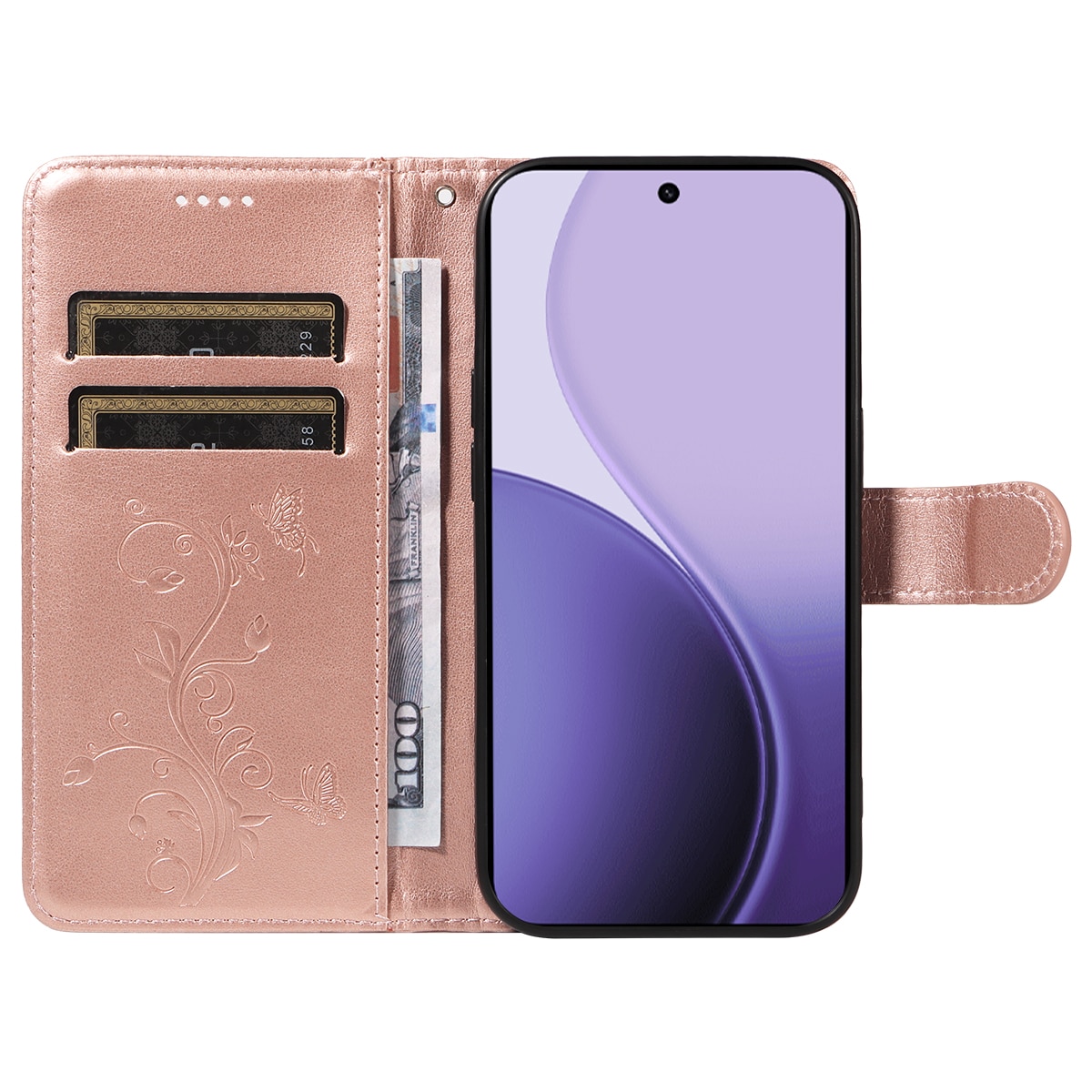 Oppo Reno 14 F Mobiletui med sommerfugler, Rosegull