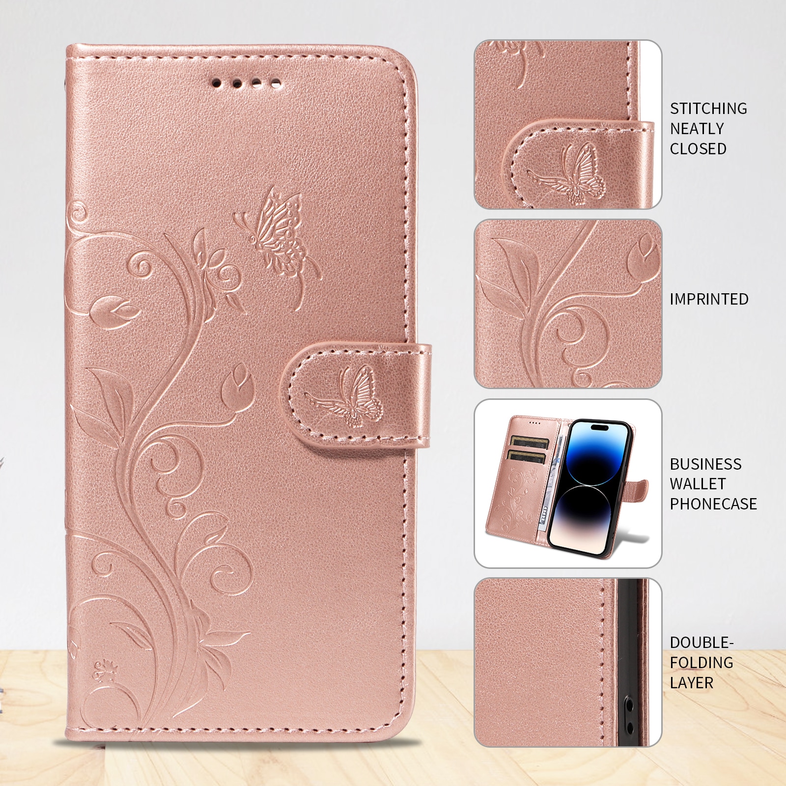 Oppo Reno 14 F Mobiletui med sommerfugler, Rosegull