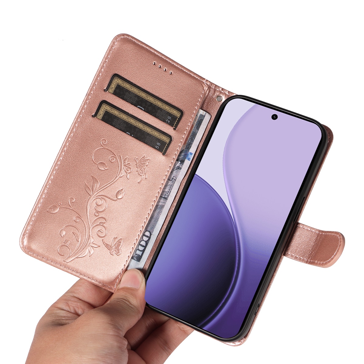 Oppo Reno 14 F Mobiletui med sommerfugler, Rosegull