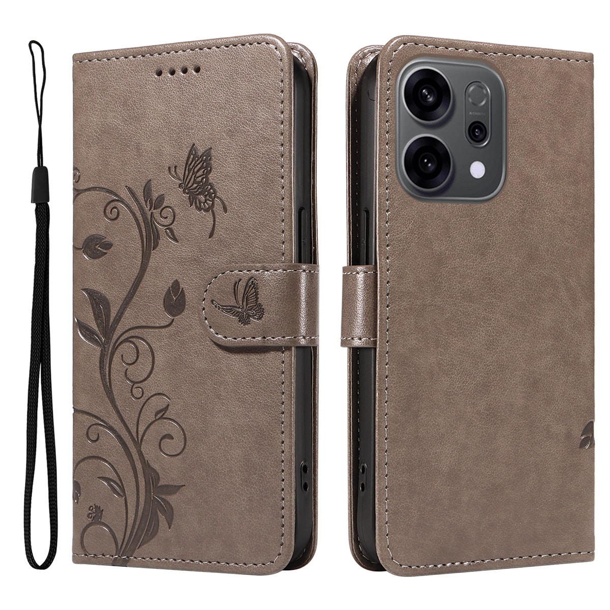 Oppo Reno 14 F Mobiletui med sommerfugler, Grå