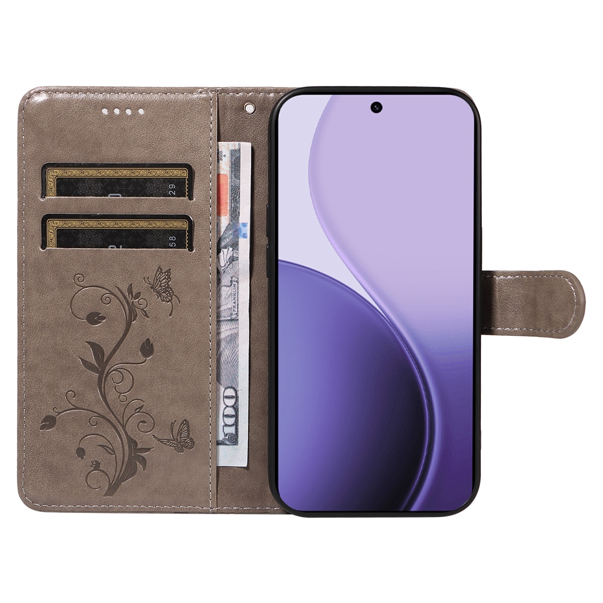 Oppo Reno 14 Mobiletui med sommerfugler, Grå