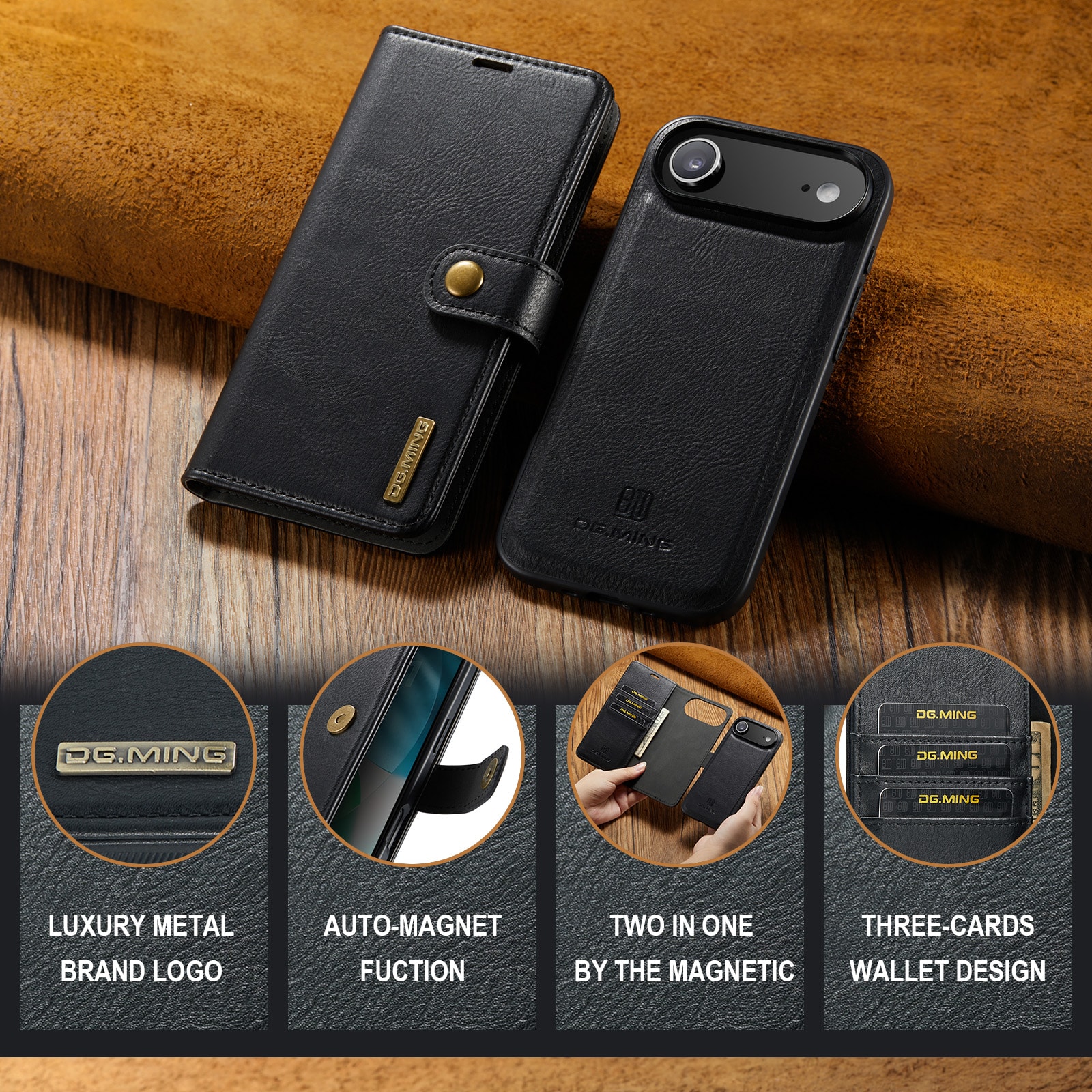 iPhone 17 Air Lommeboketui med avtakbart deksel, Black