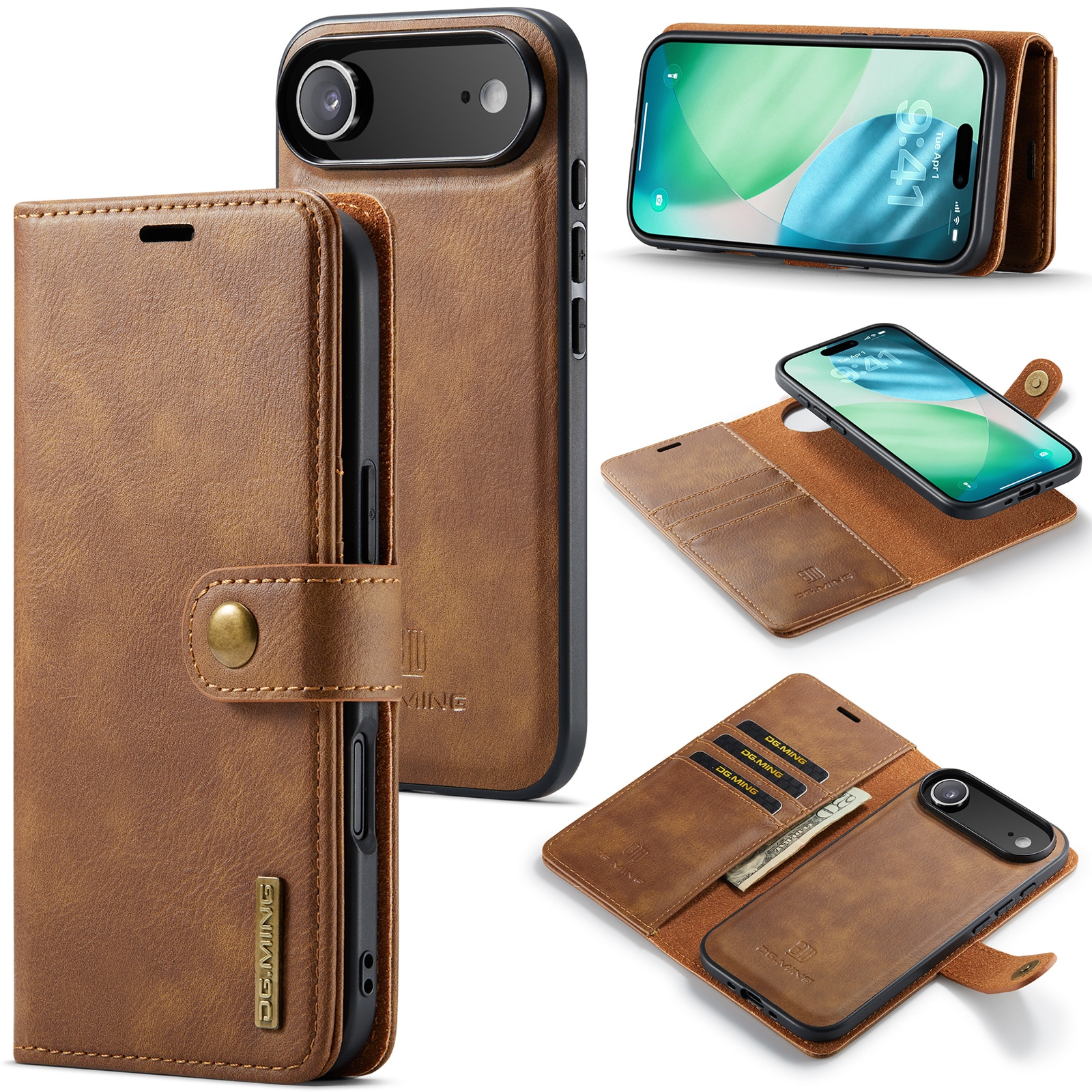 iPhone 17 Air Lommeboketui med avtakbart deksel, Cognac