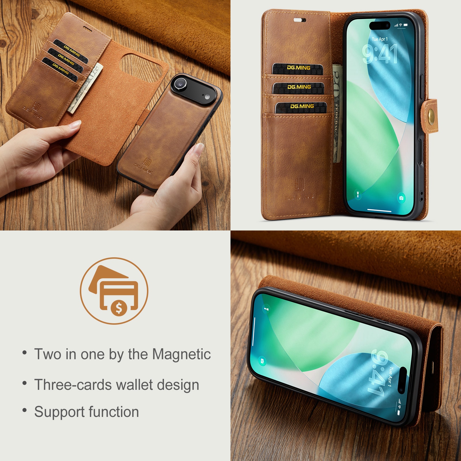iPhone 17 Air Lommeboketui med avtakbart deksel, Cognac