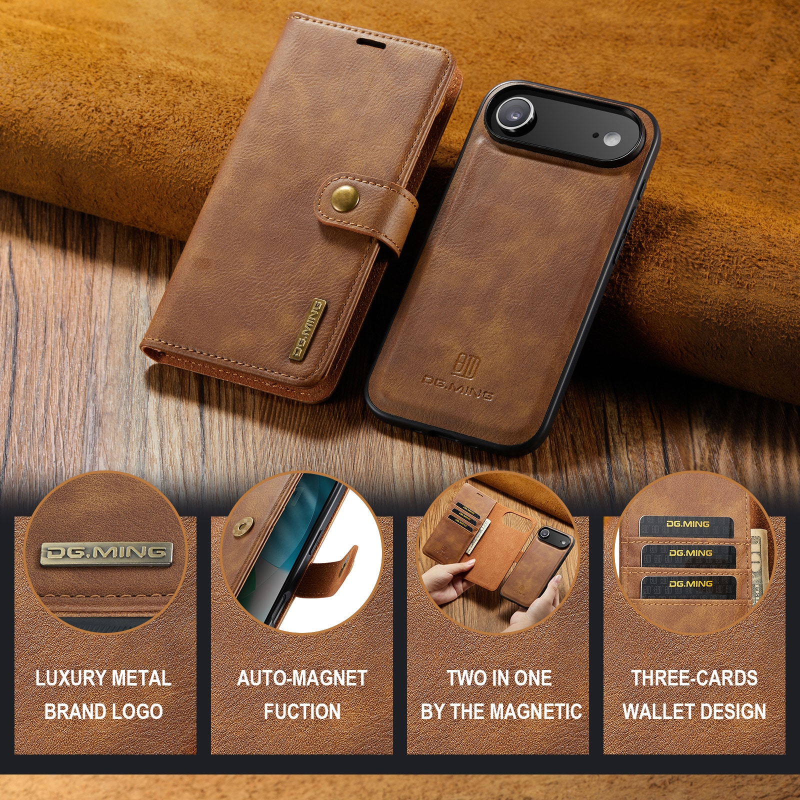iPhone 17 Air Lommeboketui med avtakbart deksel, Cognac