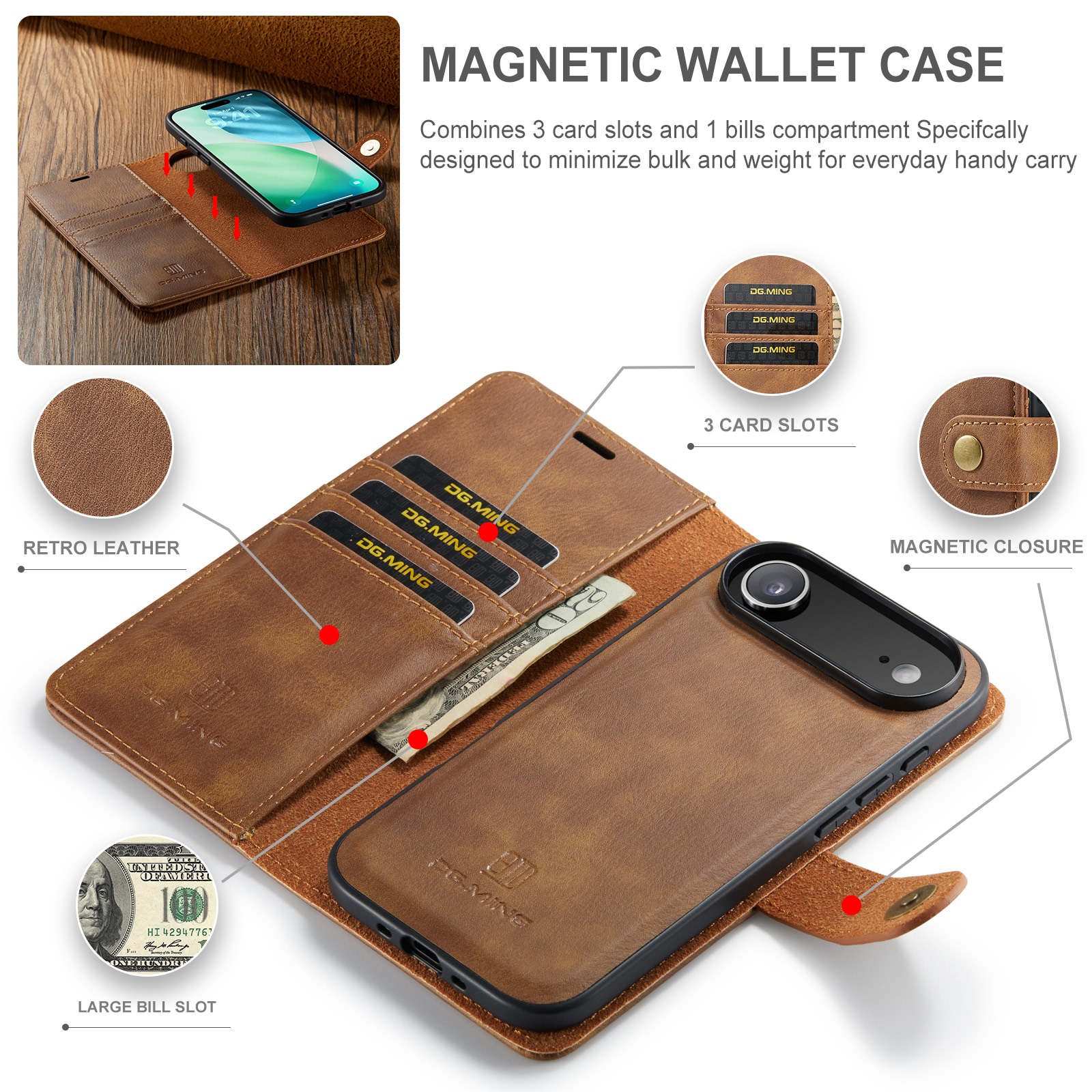 iPhone 17 Air Lommeboketui med avtakbart deksel, Cognac