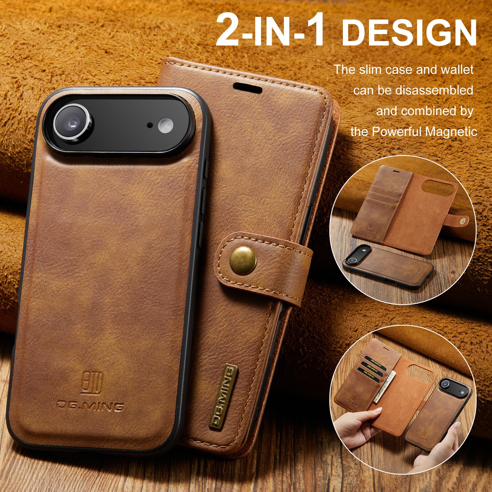 iPhone 17 Air Lommeboketui med avtakbart deksel, Cognac
