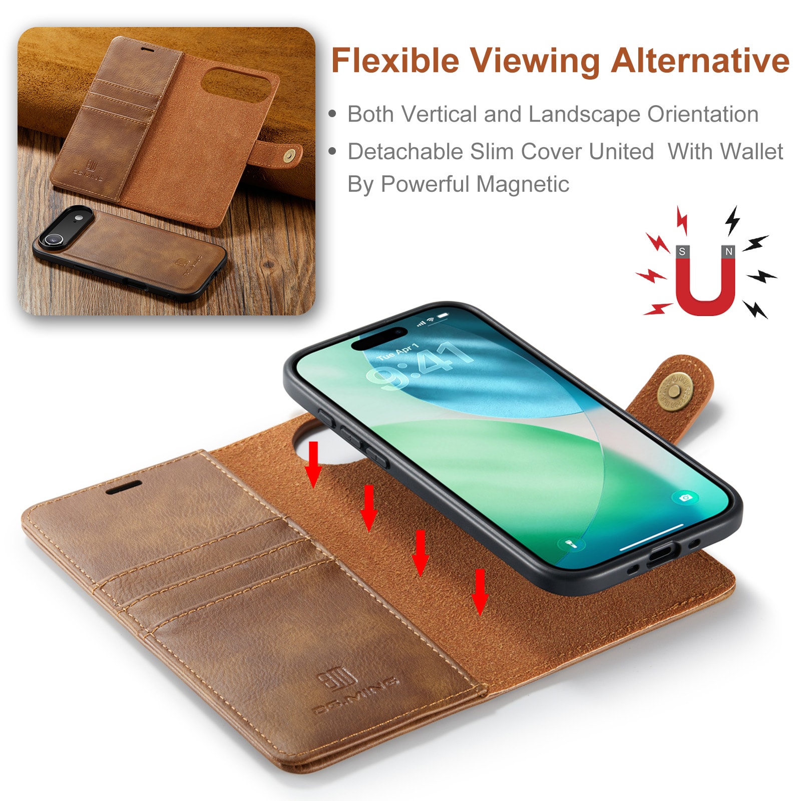 iPhone 17 Air Lommeboketui med avtakbart deksel, Cognac