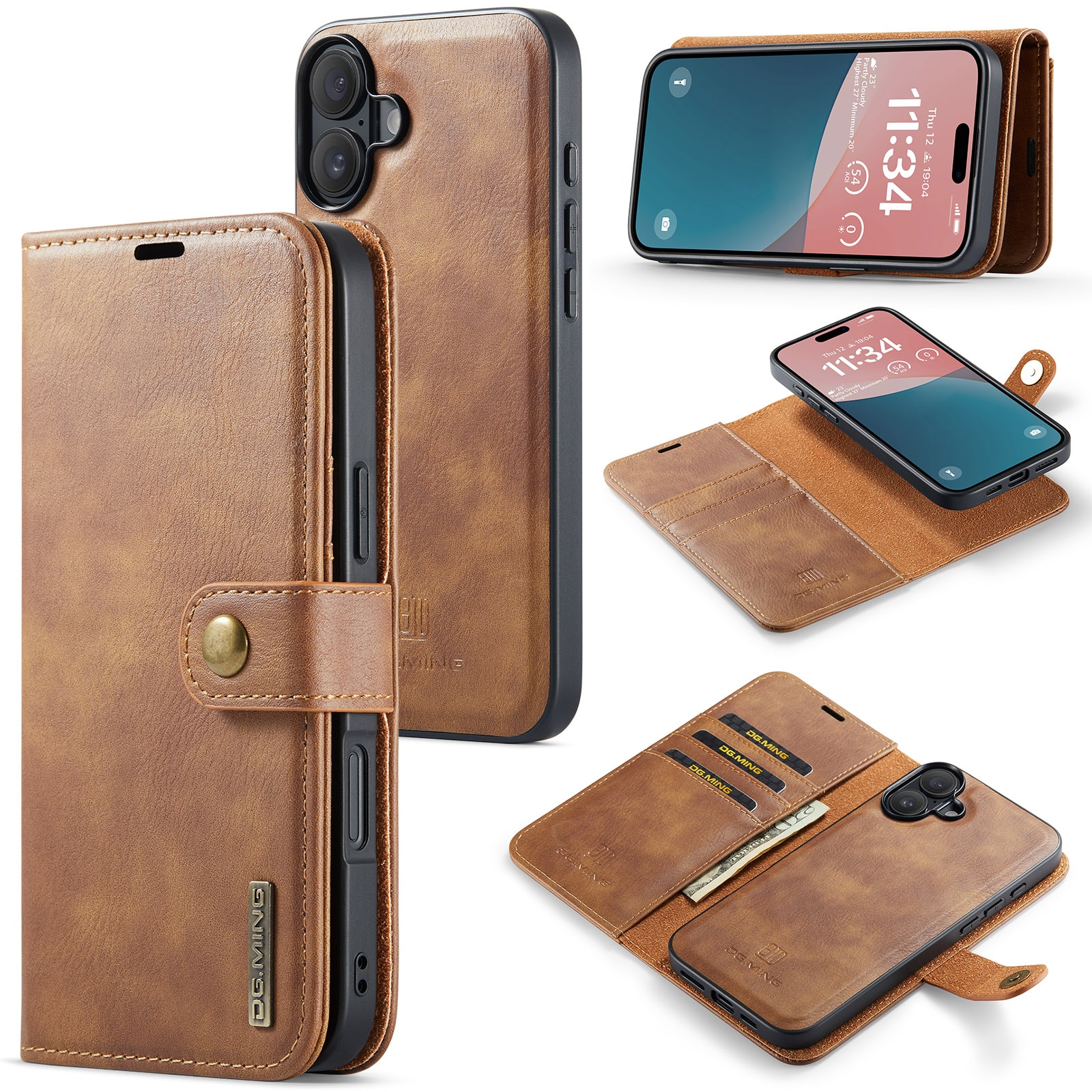 iPhone 17 Lommeboketui med avtakbart deksel, Cognac