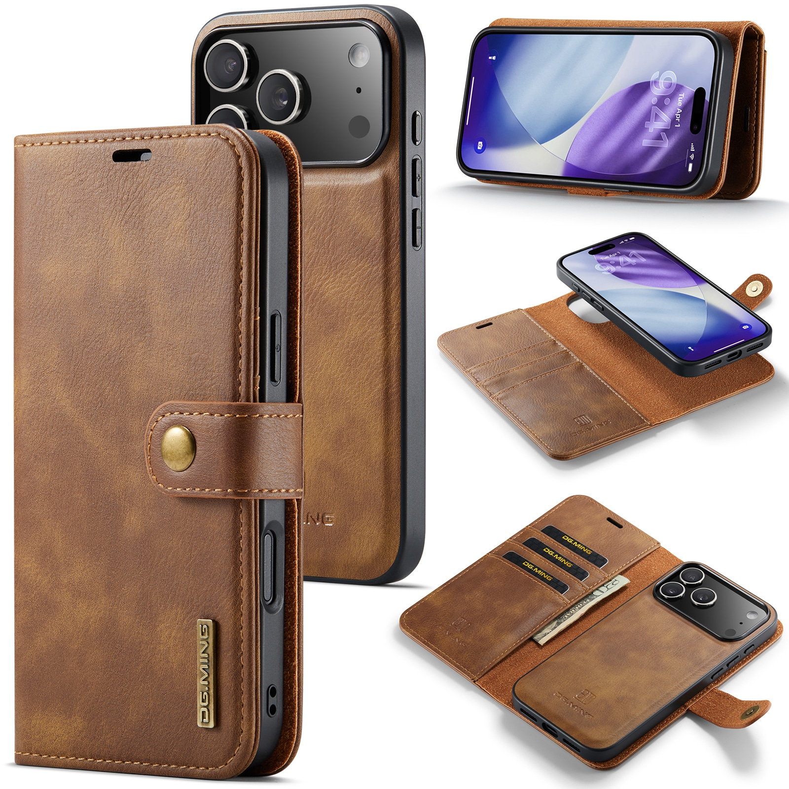 iPhone 17 Pro Lommeboketui med avtakbart deksel, Cognac