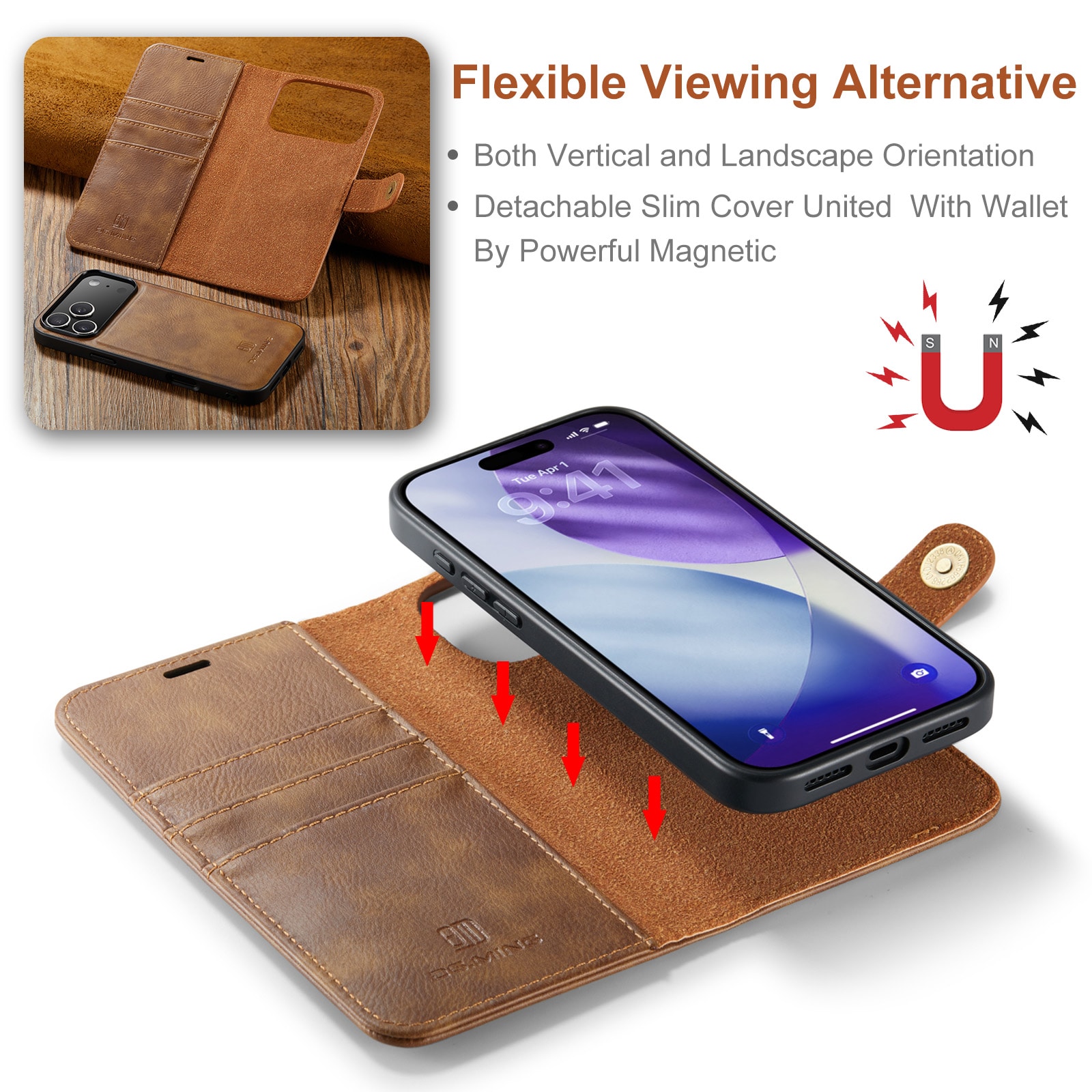 iPhone 17 Pro Lommeboketui med avtakbart deksel, Cognac
