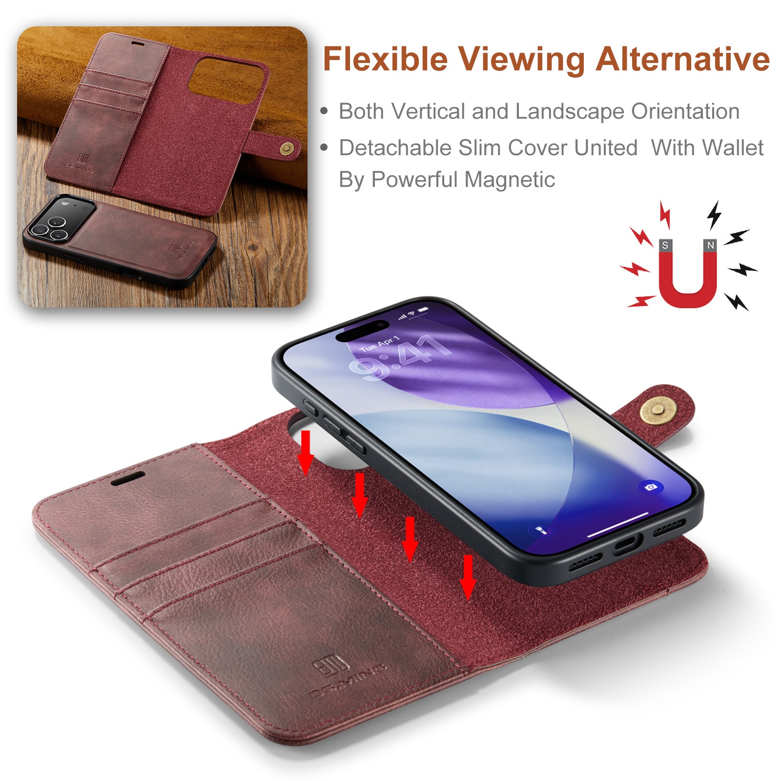 iPhone 17 Pro Max Lommeboketui med avtakbart deksel, Red