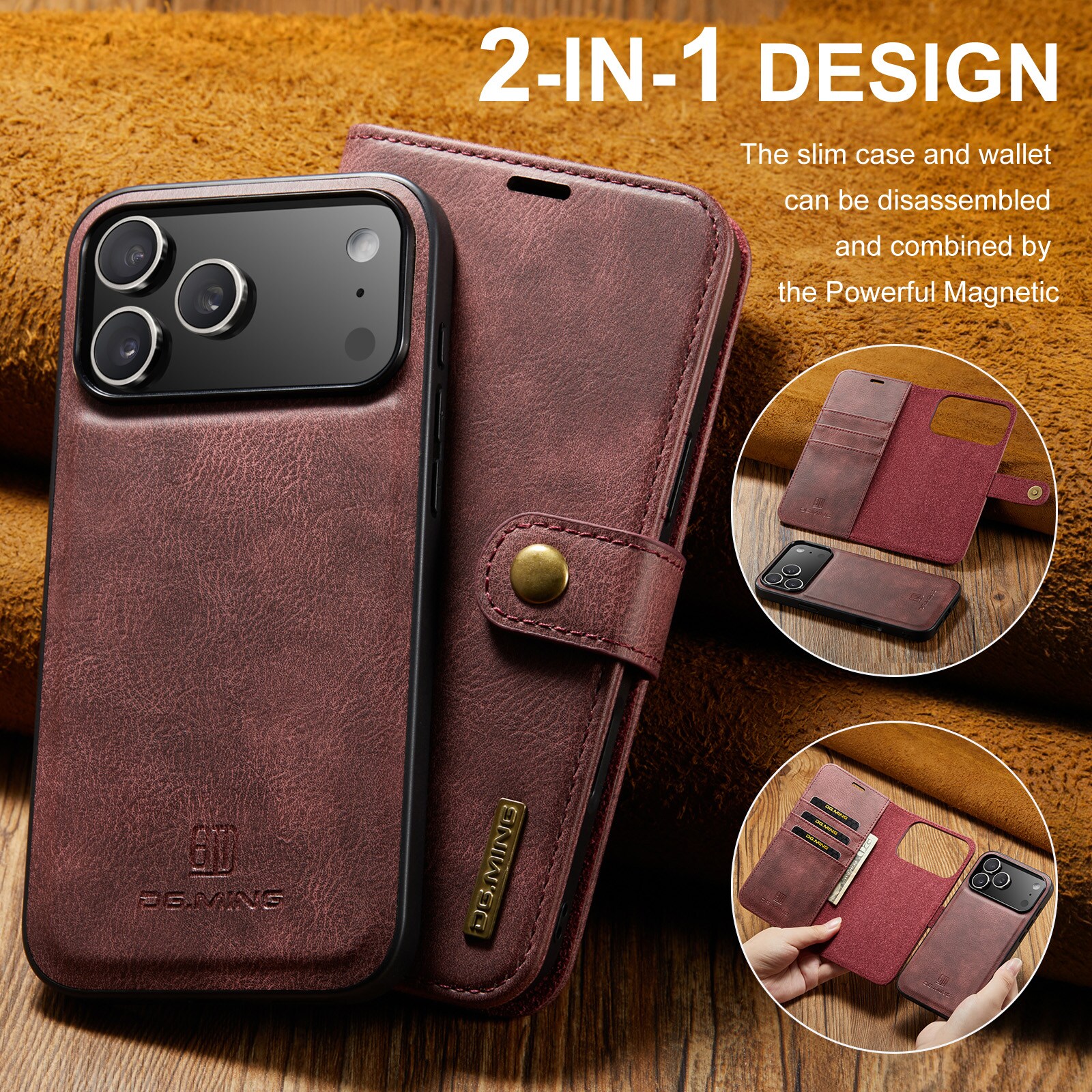 iPhone 17 Pro Max Lommeboketui med avtakbart deksel, Red