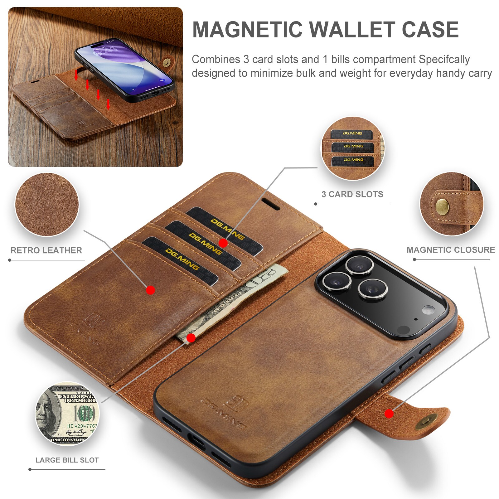 iPhone 17 Pro Max Lommeboketui med avtakbart deksel, Cognac