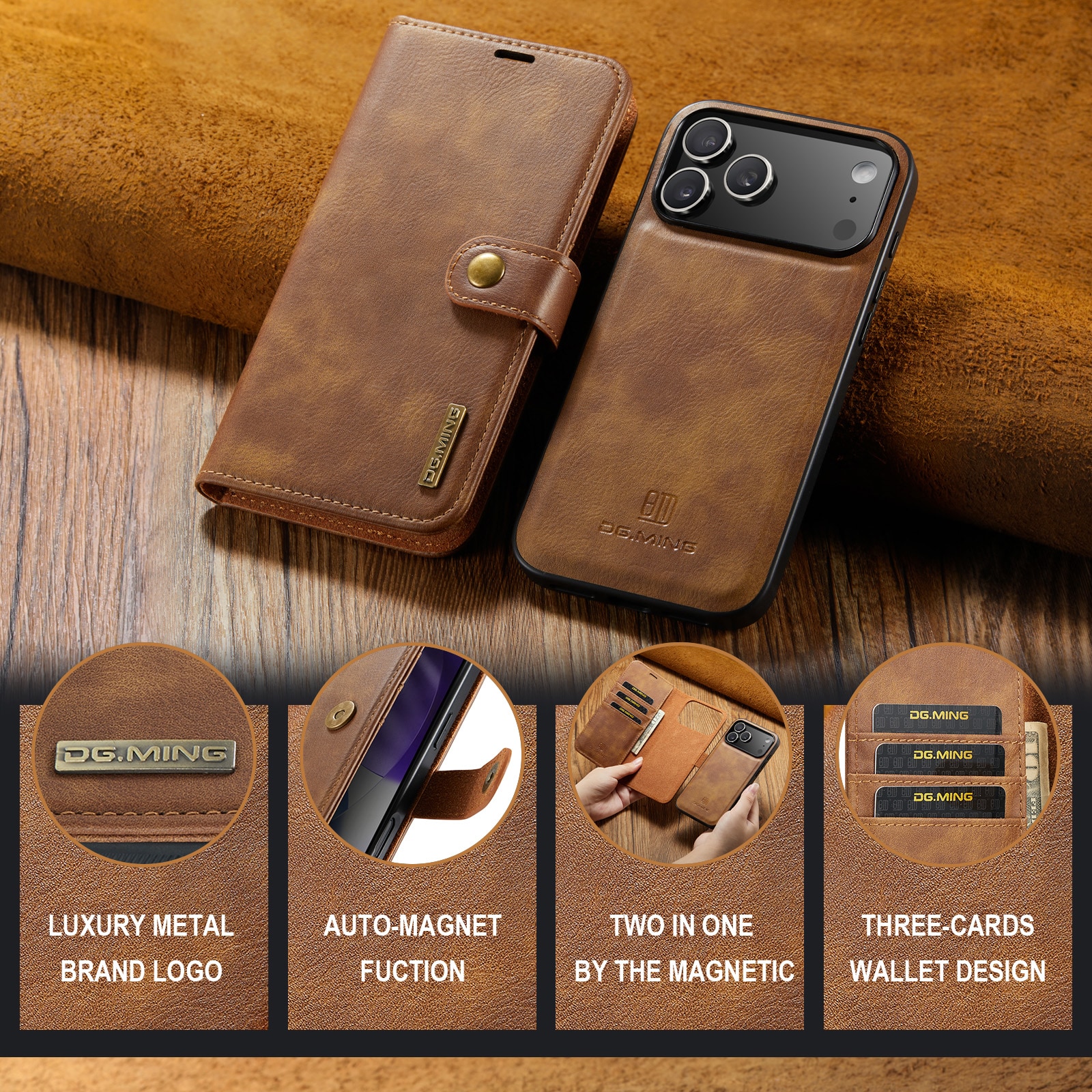 iPhone 17 Pro Max Lommeboketui med avtakbart deksel, Cognac