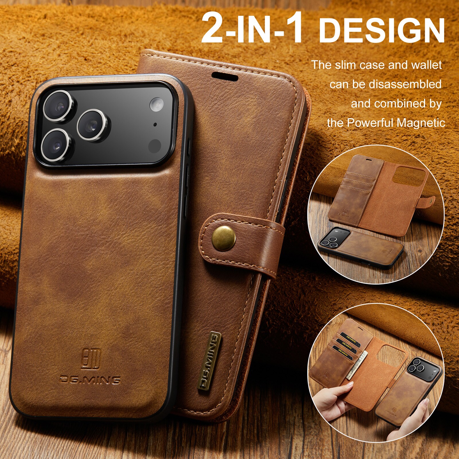 iPhone 17 Pro Max Lommeboketui med avtakbart deksel, Cognac