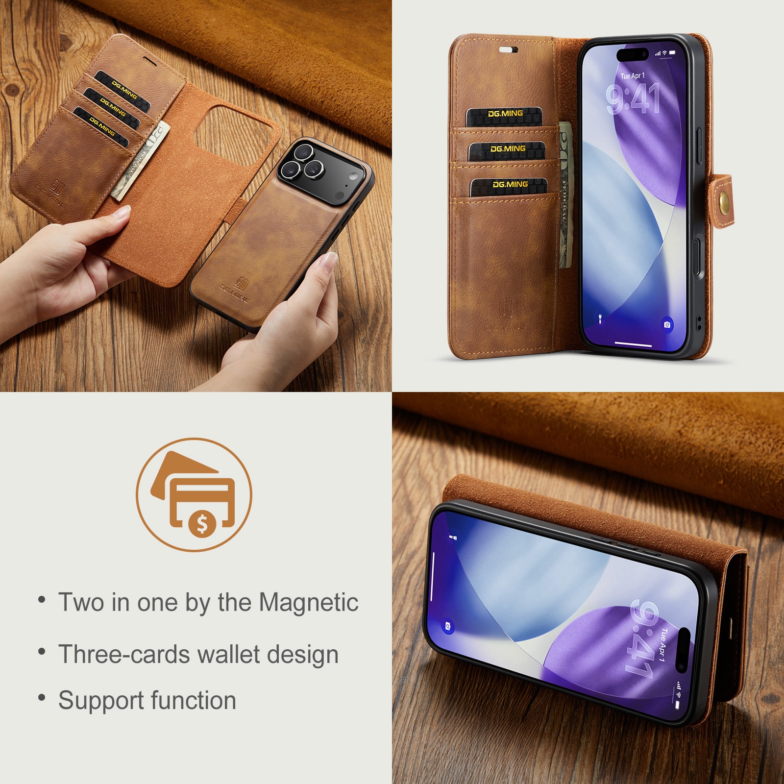 iPhone 17 Pro Max Lommeboketui med avtakbart deksel, Cognac