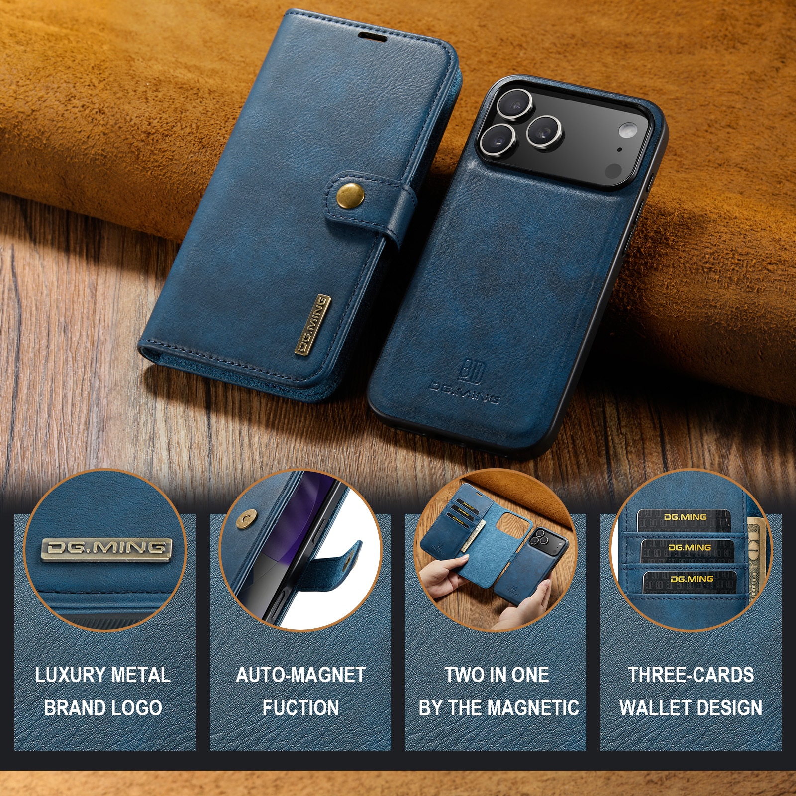 iPhone 17 Pro Max Lommeboketui med avtakbart deksel, Blue