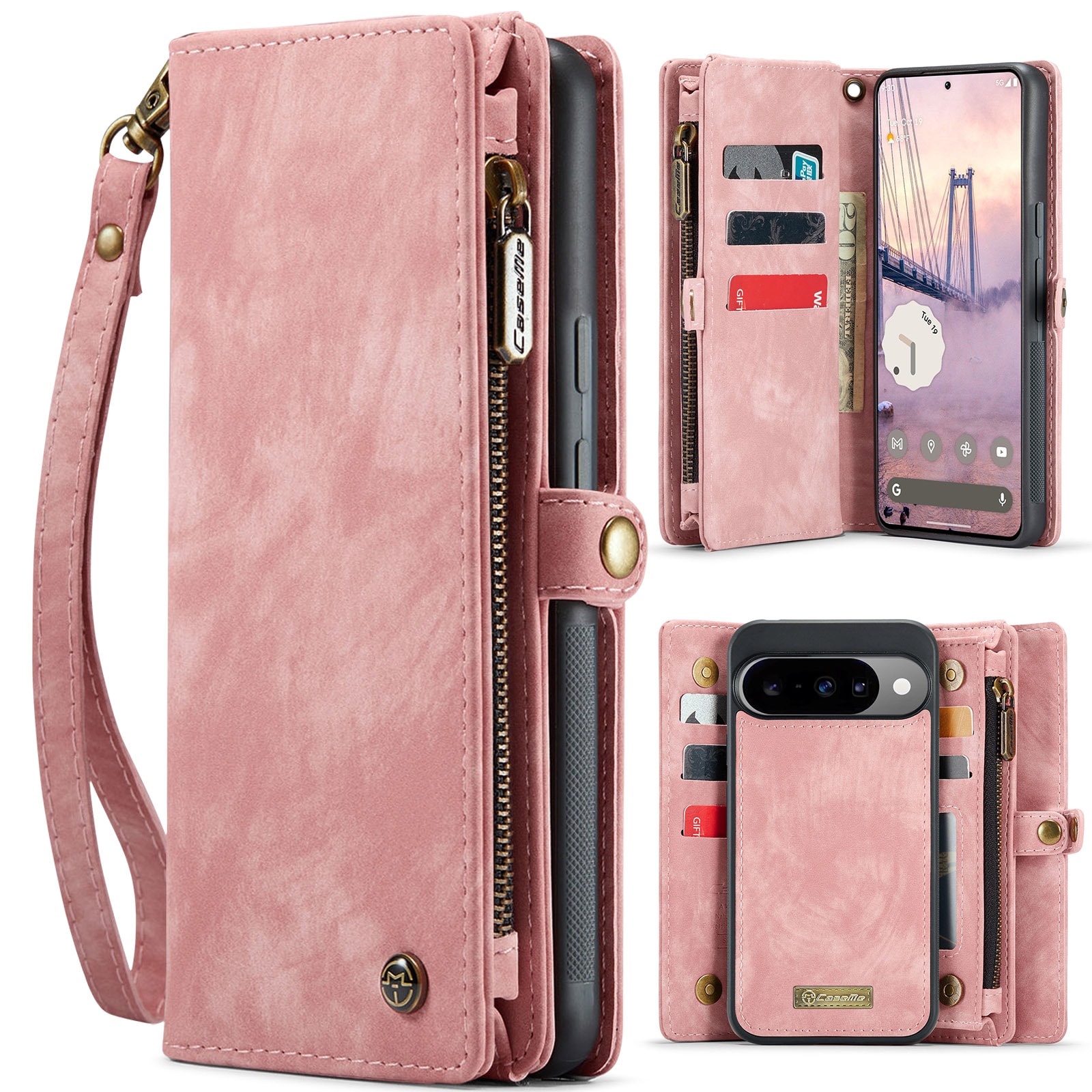 Google Pixel 10 Romslig lommeboketui med mange kortlommer, Rosa