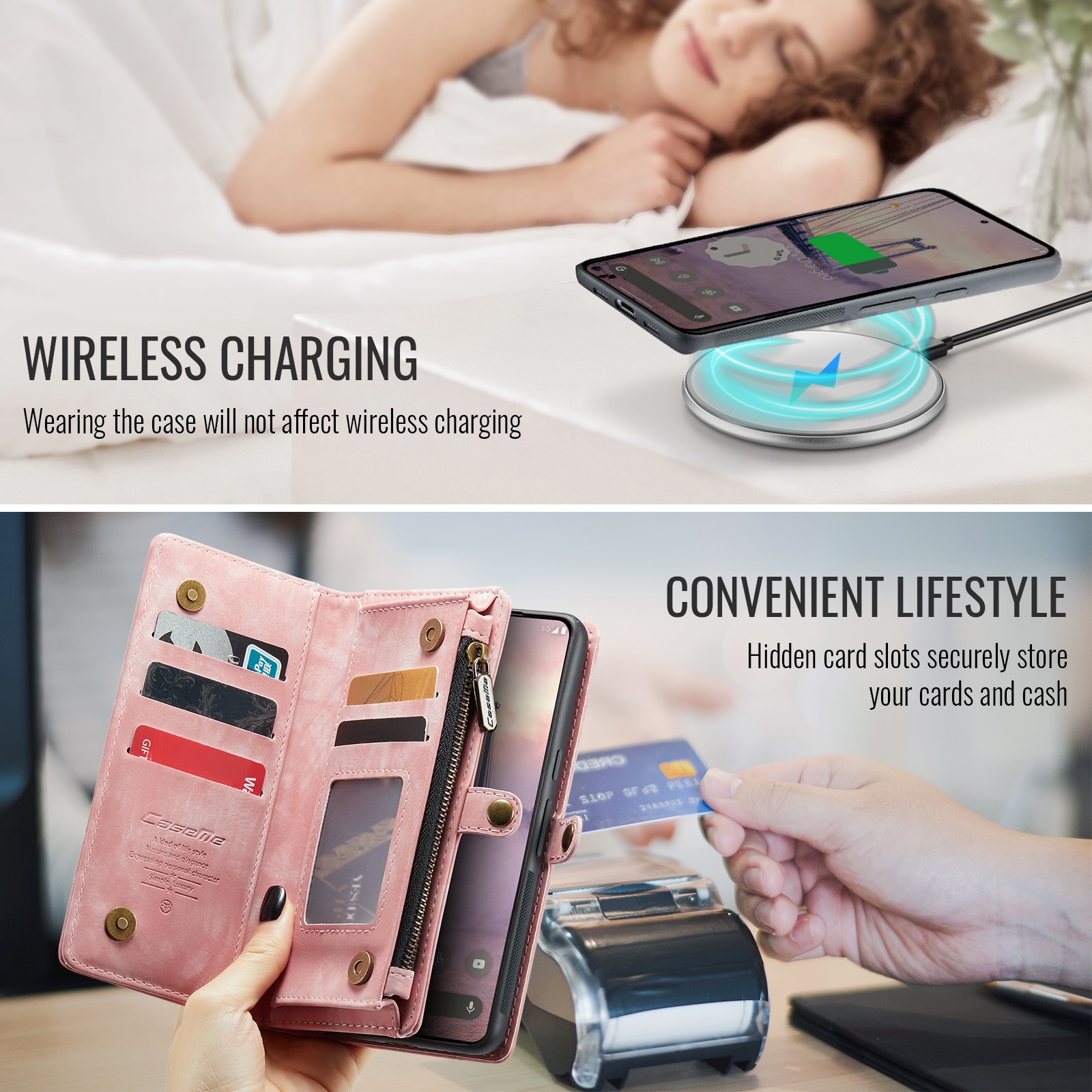 Google Pixel 10 Pro Romslig lommeboketui med mange kortlommer, Rosa