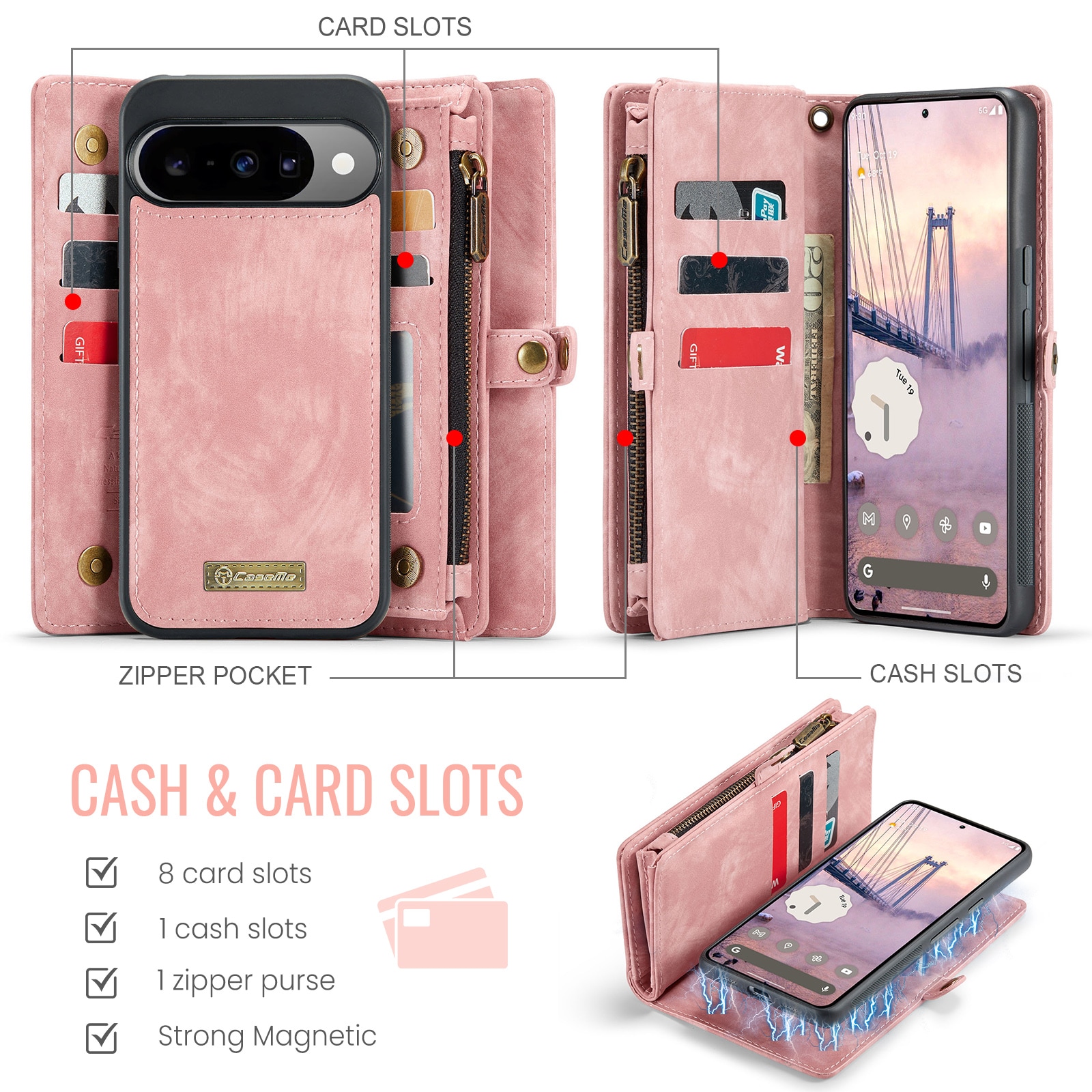 Google Pixel 10 Pro Romslig lommeboketui med mange kortlommer, Rosa