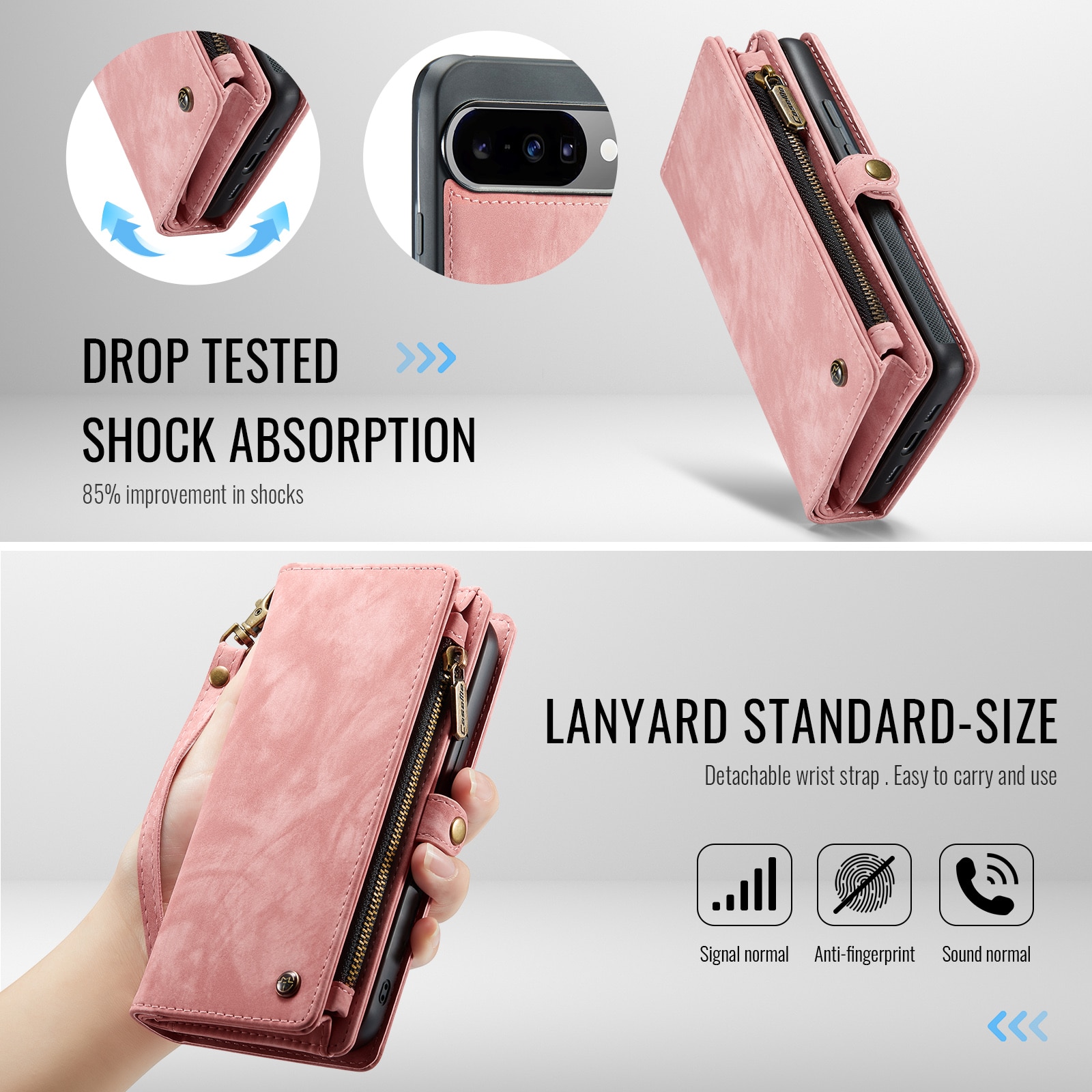 Google Pixel 10 Pro Romslig lommeboketui med mange kortlommer, Rosa