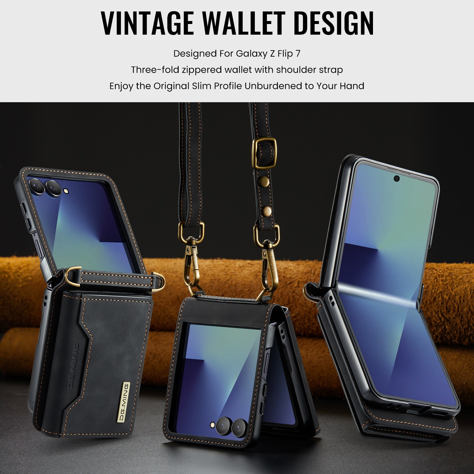 Samsung Galaxy Z Flip 7 Deksel med innebygd lommebok, Svart