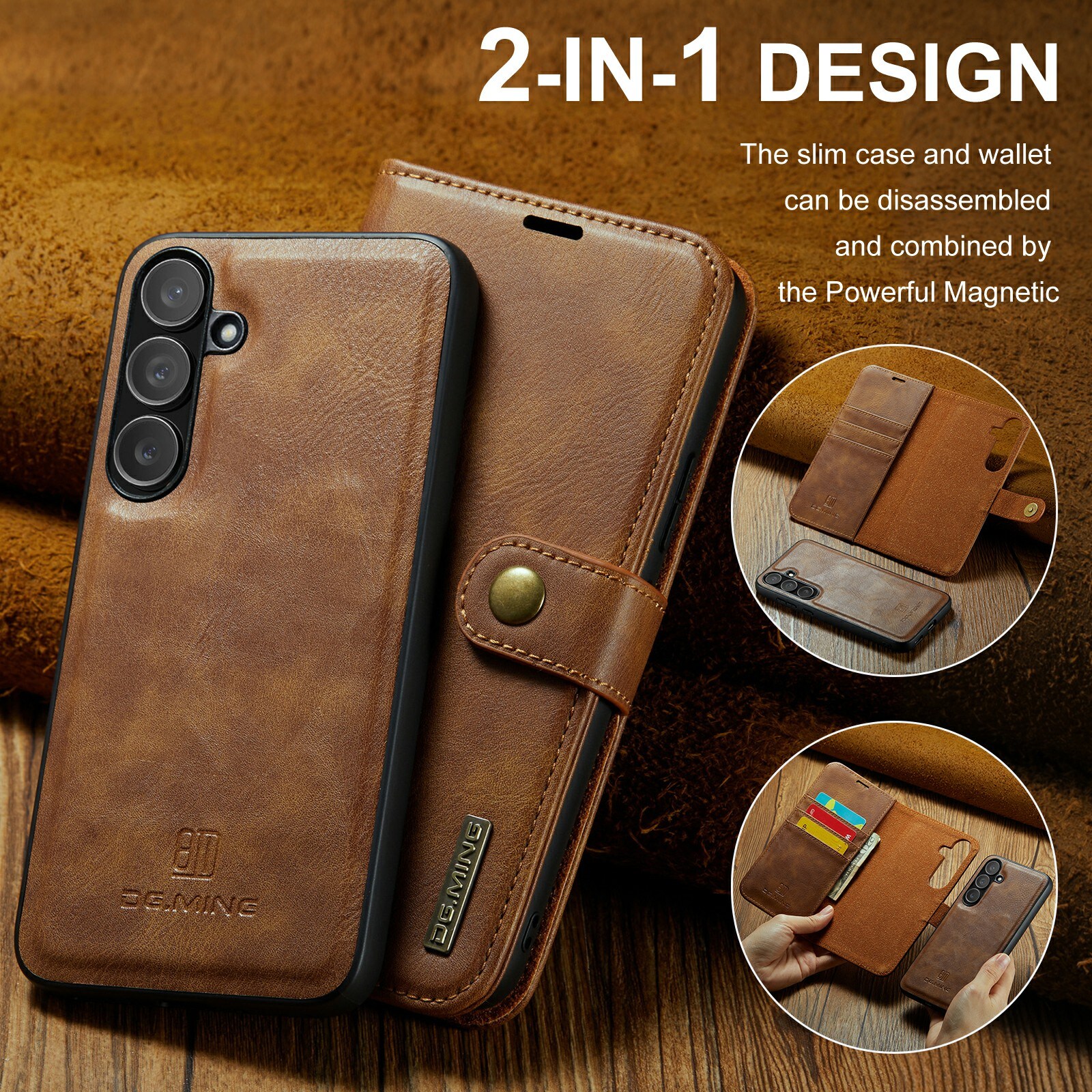 Samsung Galaxy S25 FE Lommeboketui med avtakbart deksel, Cognac