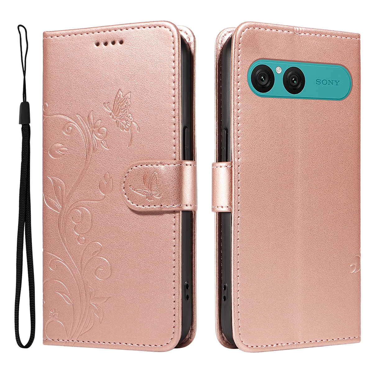 Sony Xperia 10 VII Mobiletui med sommerfugler, Rosegull