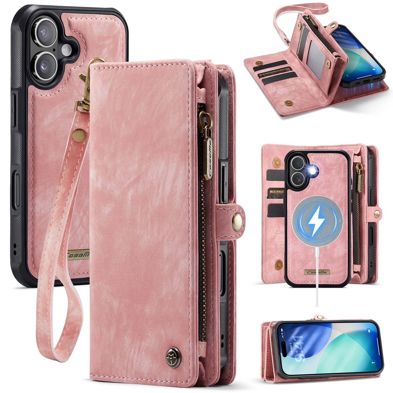 iPhone 17 Romslig lommeboketui med mange kortlommer, Rosa