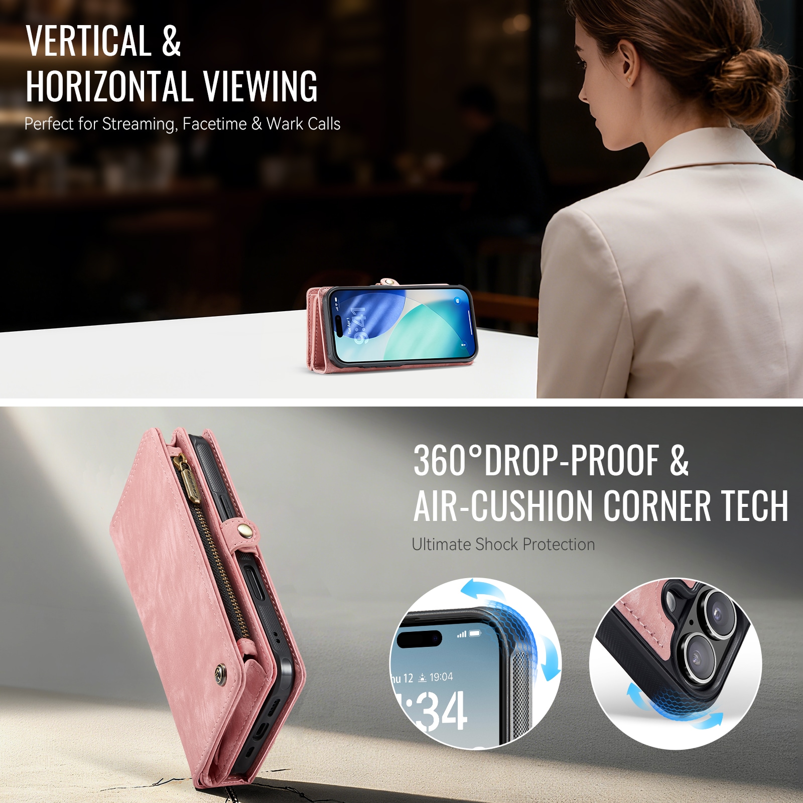 iPhone 17 Romslig lommeboketui med mange kortlommer, Rosa