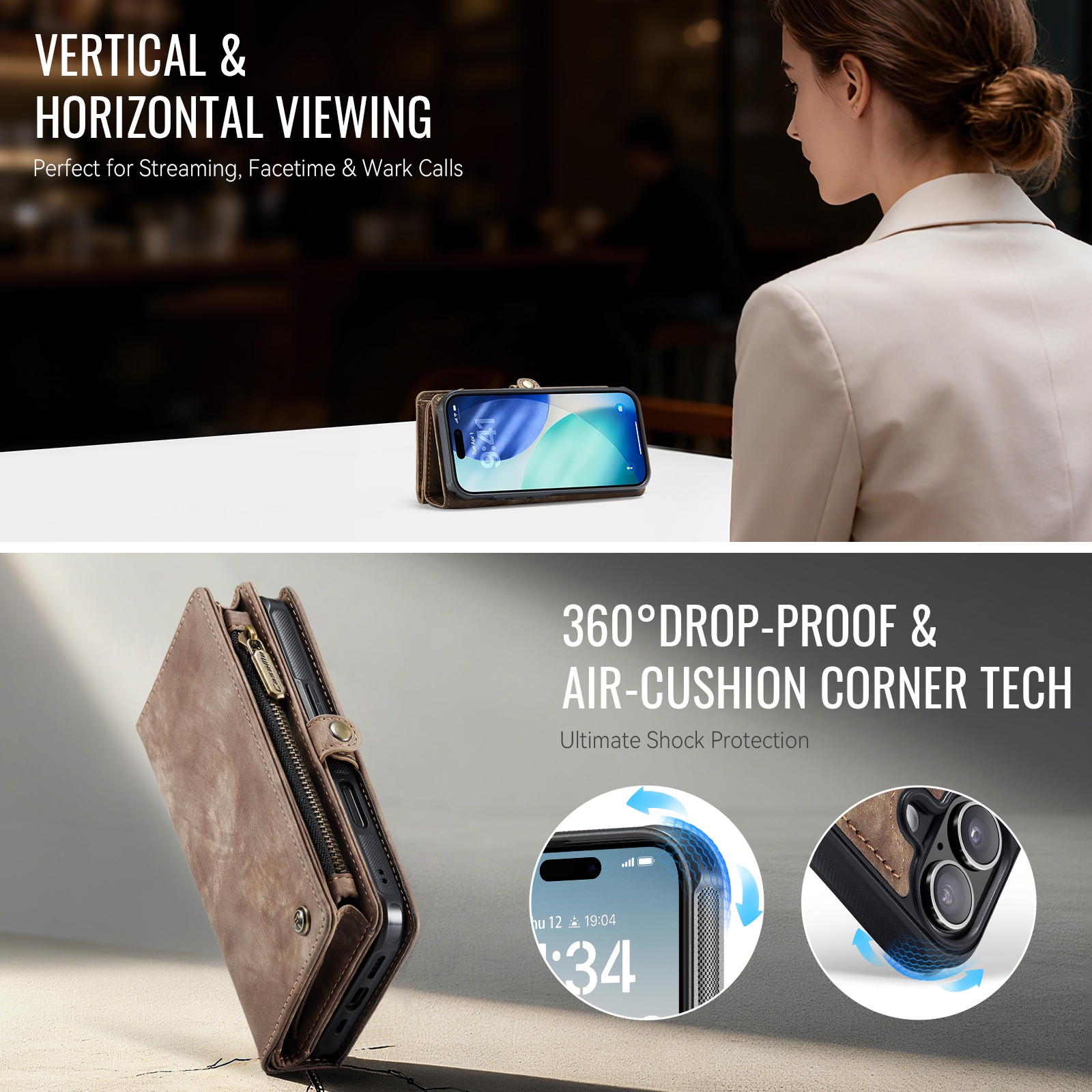 iPhone 17 Romslig lommeboketui med mange kortlommer, Brun