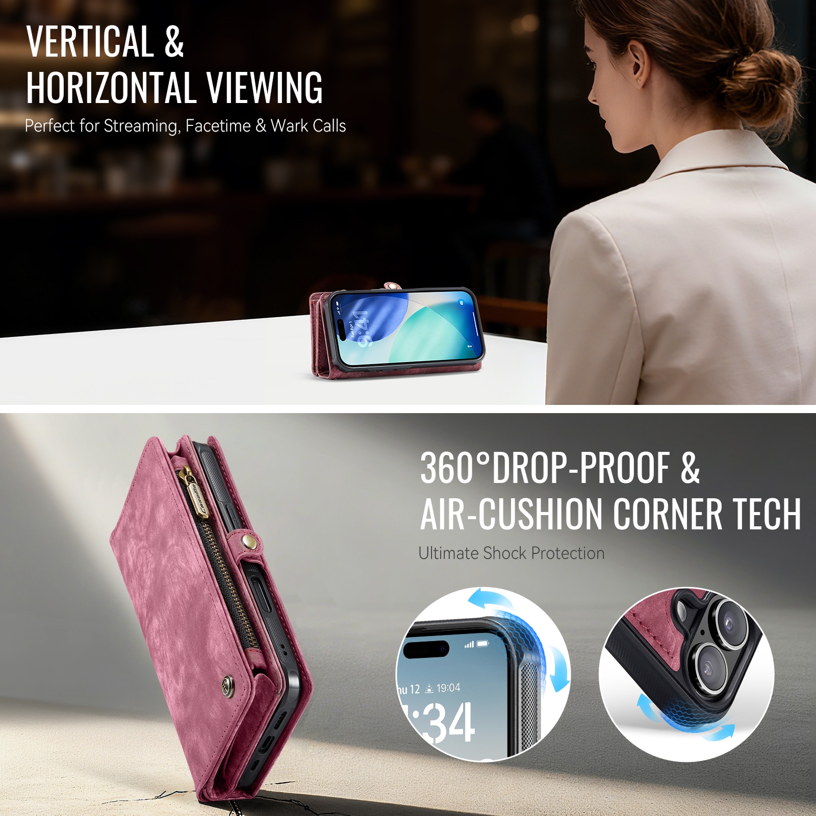 iPhone 17 Romslig lommeboketui med mange kortlommer, Rød