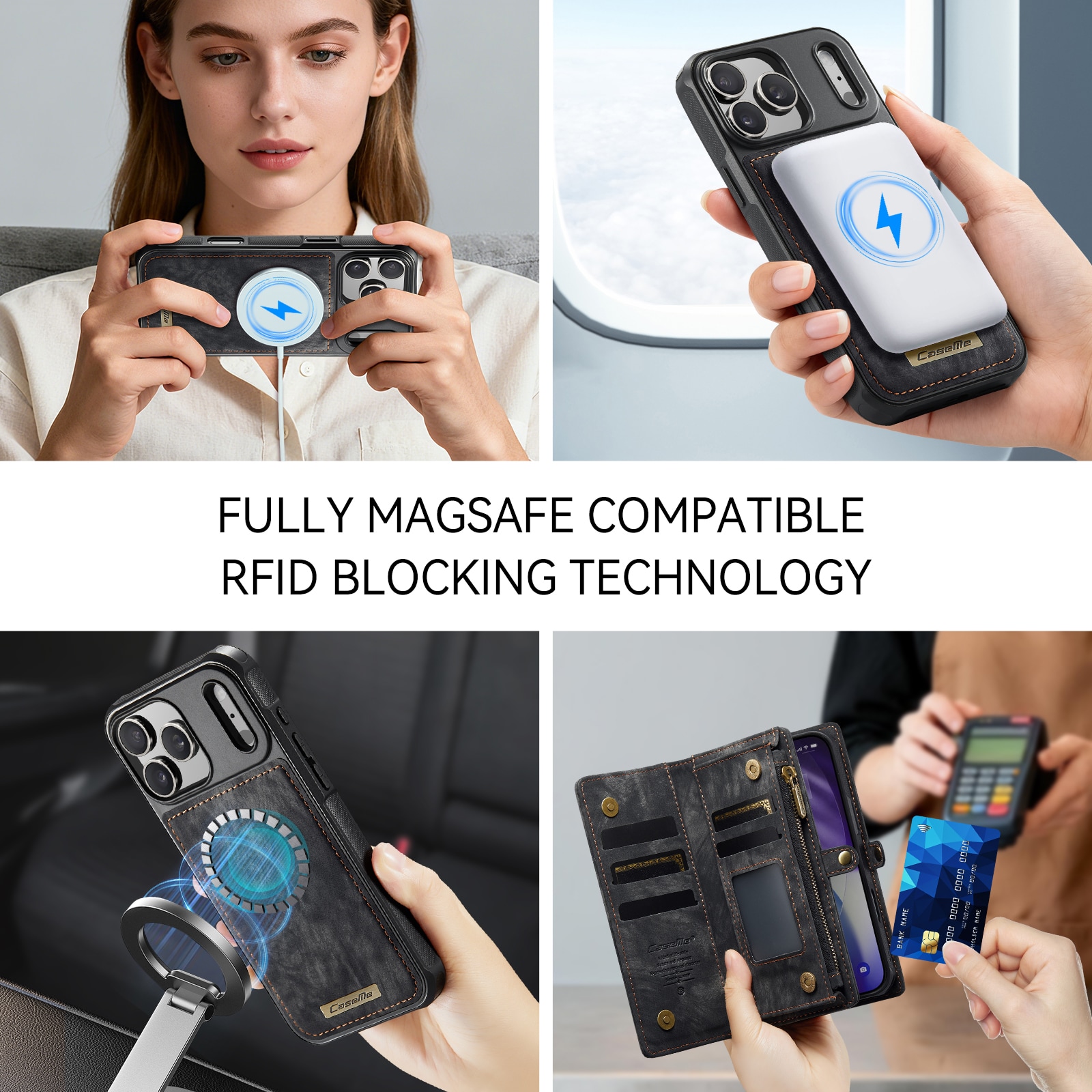 iPhone 17 Pro Max Romslig lommeboketui med mange kortlommer, Grå